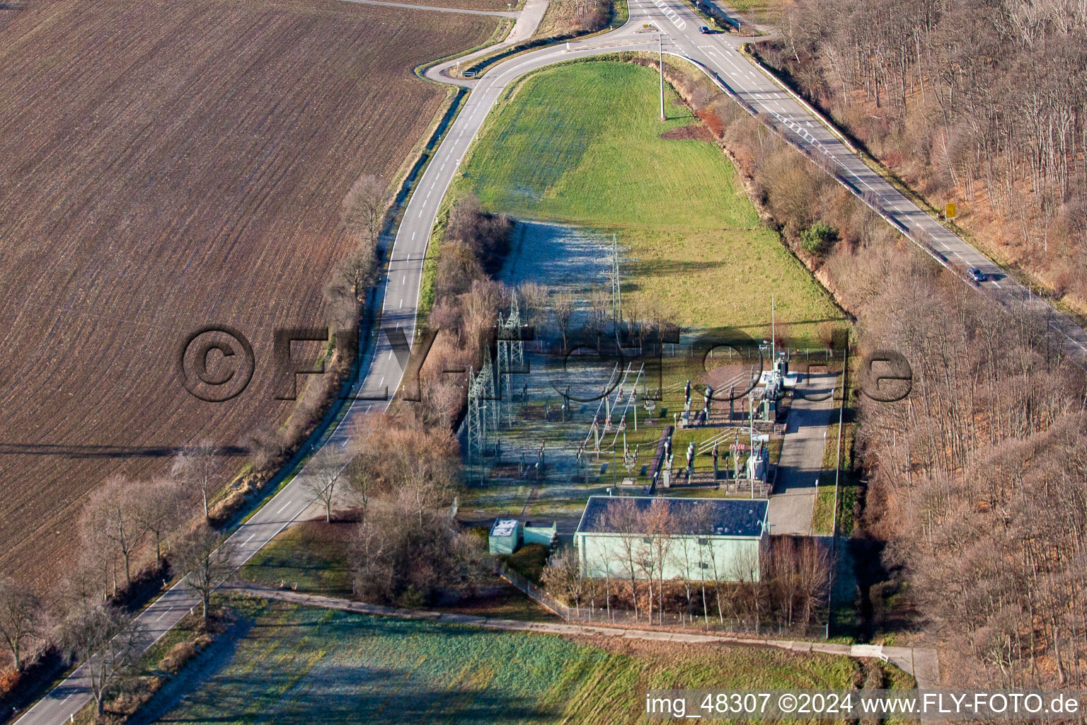 Substation in Bad Bergzabern in the state Rhineland-Palatinate, Germany from above