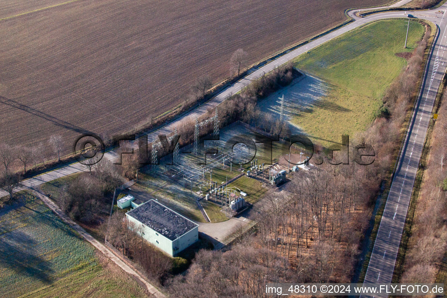 Substation in Bad Bergzabern in the state Rhineland-Palatinate, Germany seen from above