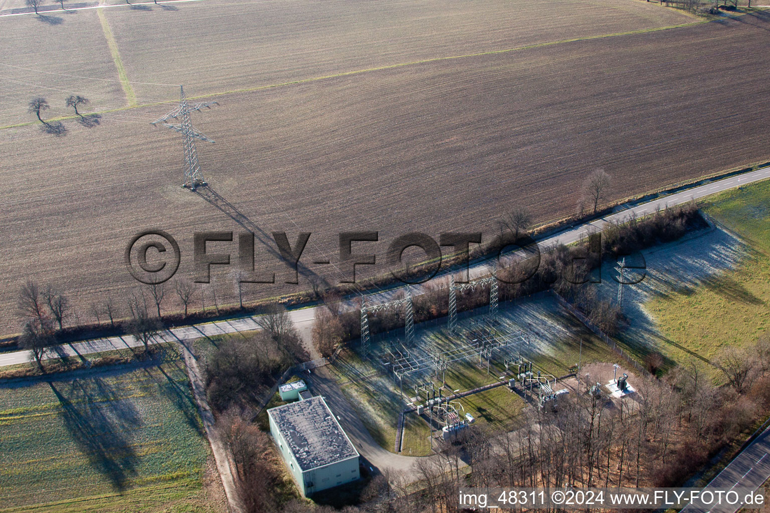 Substation in Bad Bergzabern in the state Rhineland-Palatinate, Germany from the plane