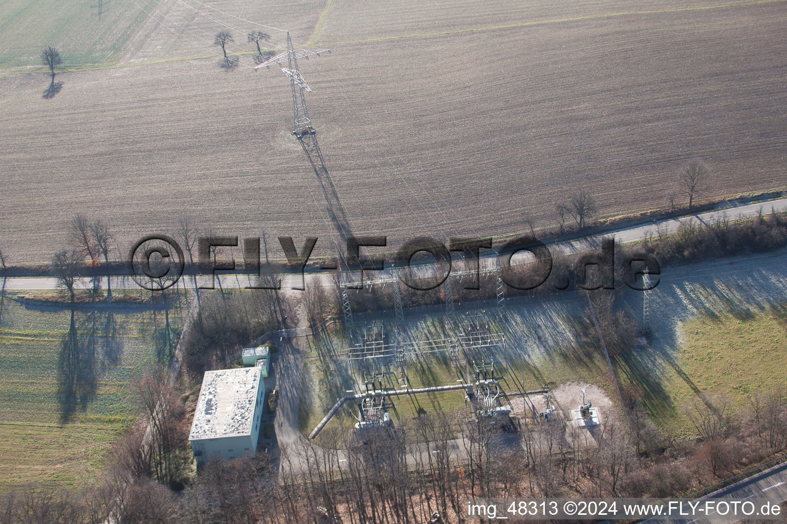 Substation in Bad Bergzabern in the state Rhineland-Palatinate, Germany viewn from the air