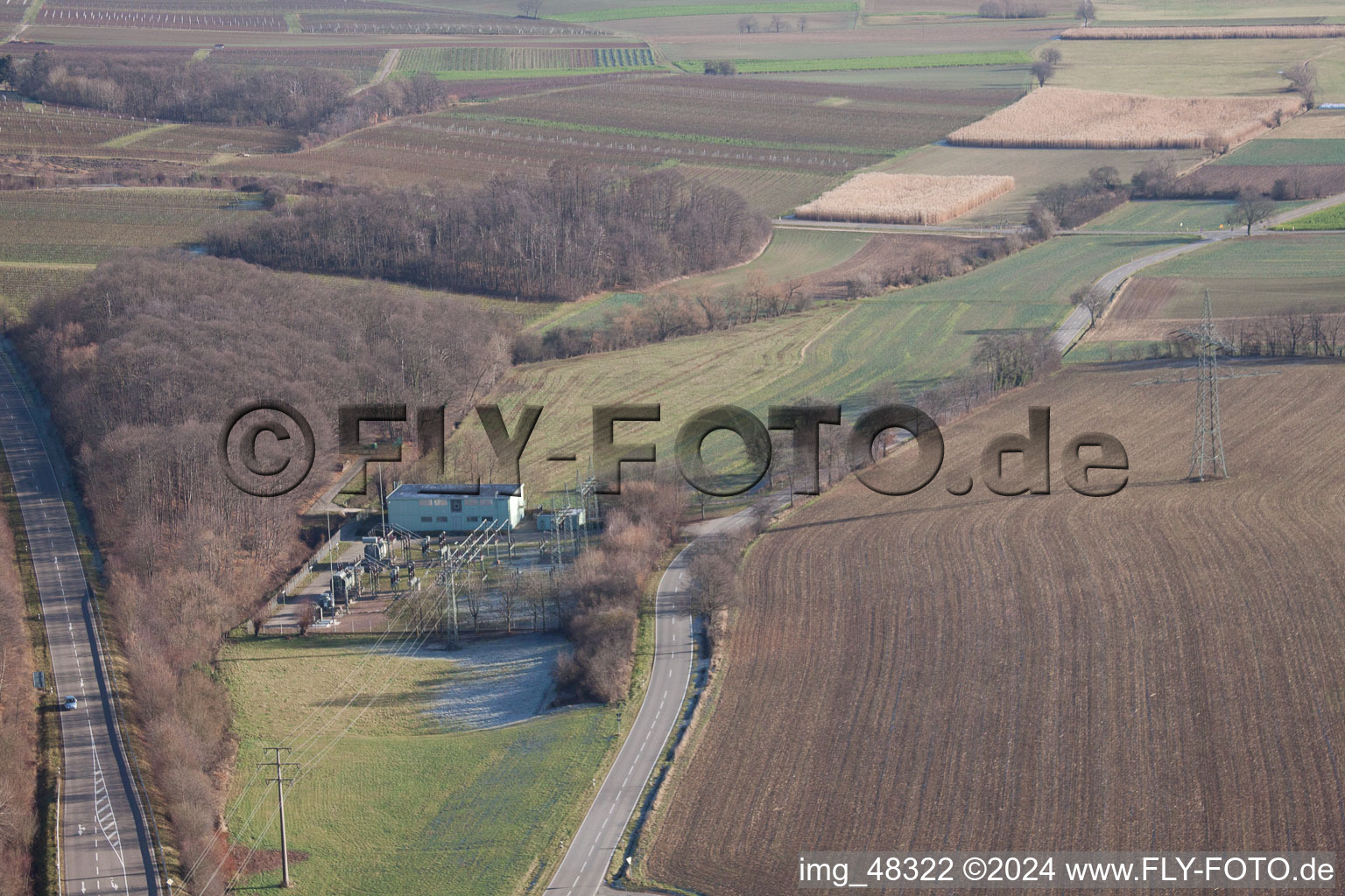 Substation in Bad Bergzabern in the state Rhineland-Palatinate, Germany from the drone perspective