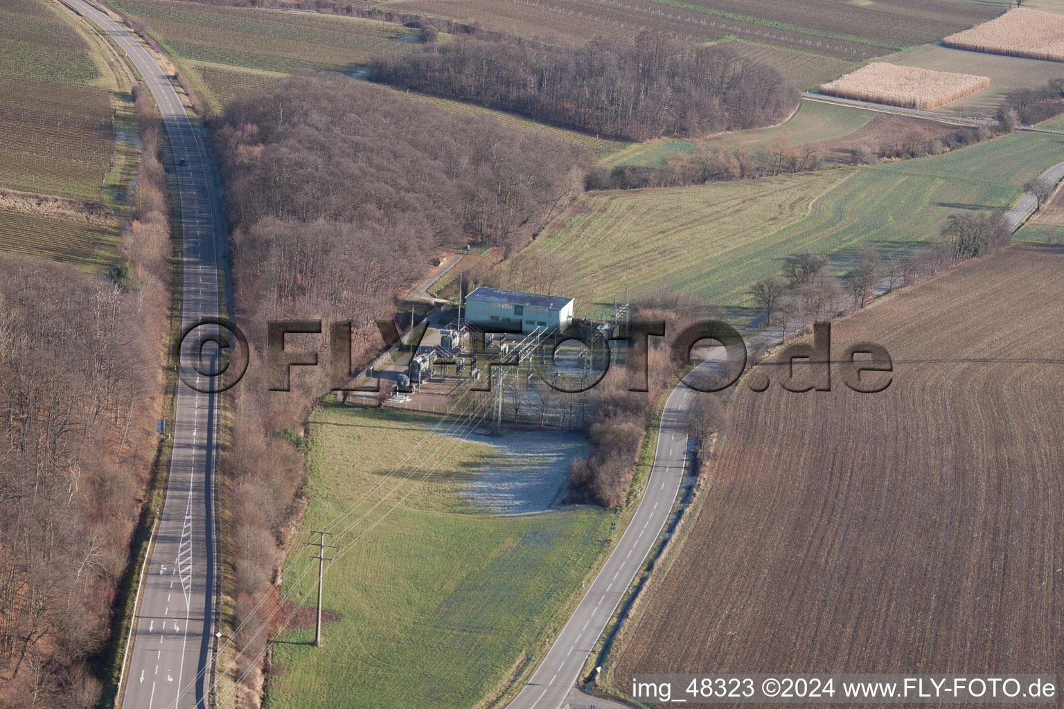 Substation in Bad Bergzabern in the state Rhineland-Palatinate, Germany from a drone