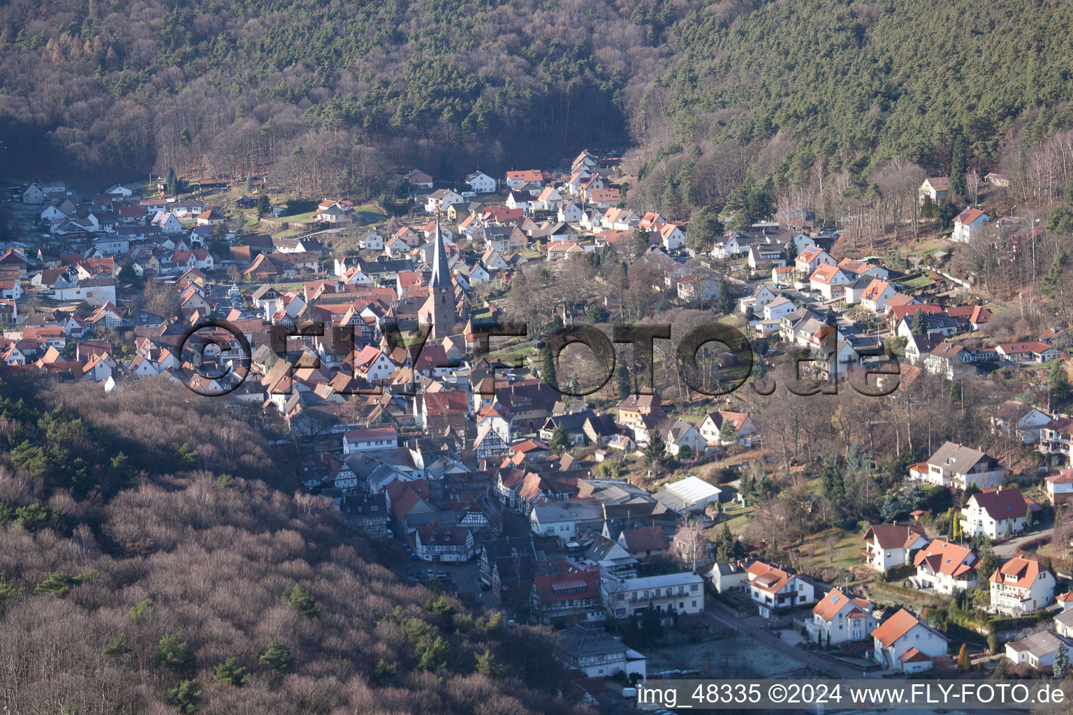 Aerial photograpy of Forest and mountain scenery des suedlichen Pfaelzerwald in Doerrenbach in the state Rhineland-Palatinate