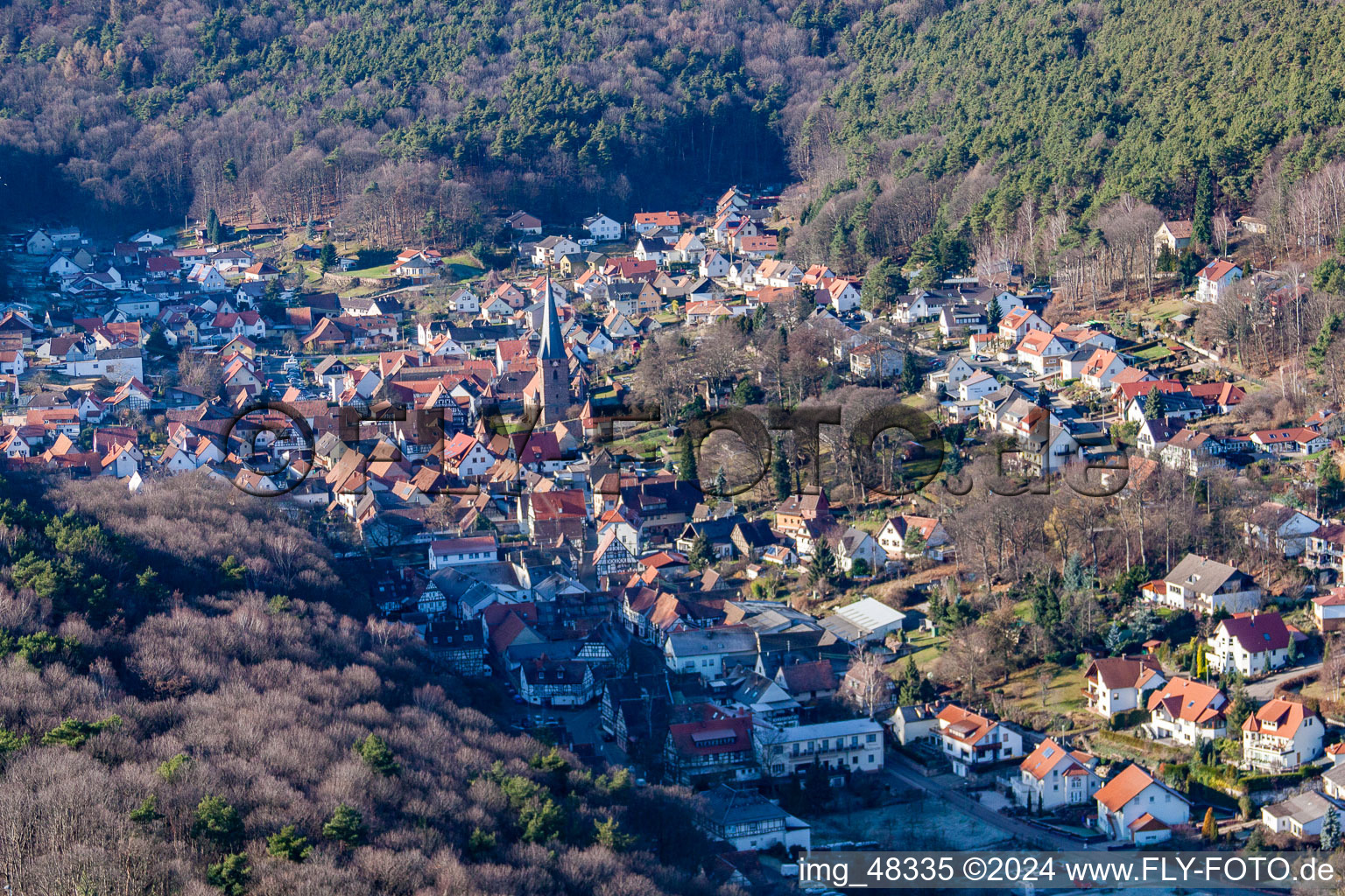 Aerial photograpy of Forest and mountain scenery des suedlichen Pfaelzerwald in Doerrenbach in the state Rhineland-Palatinate