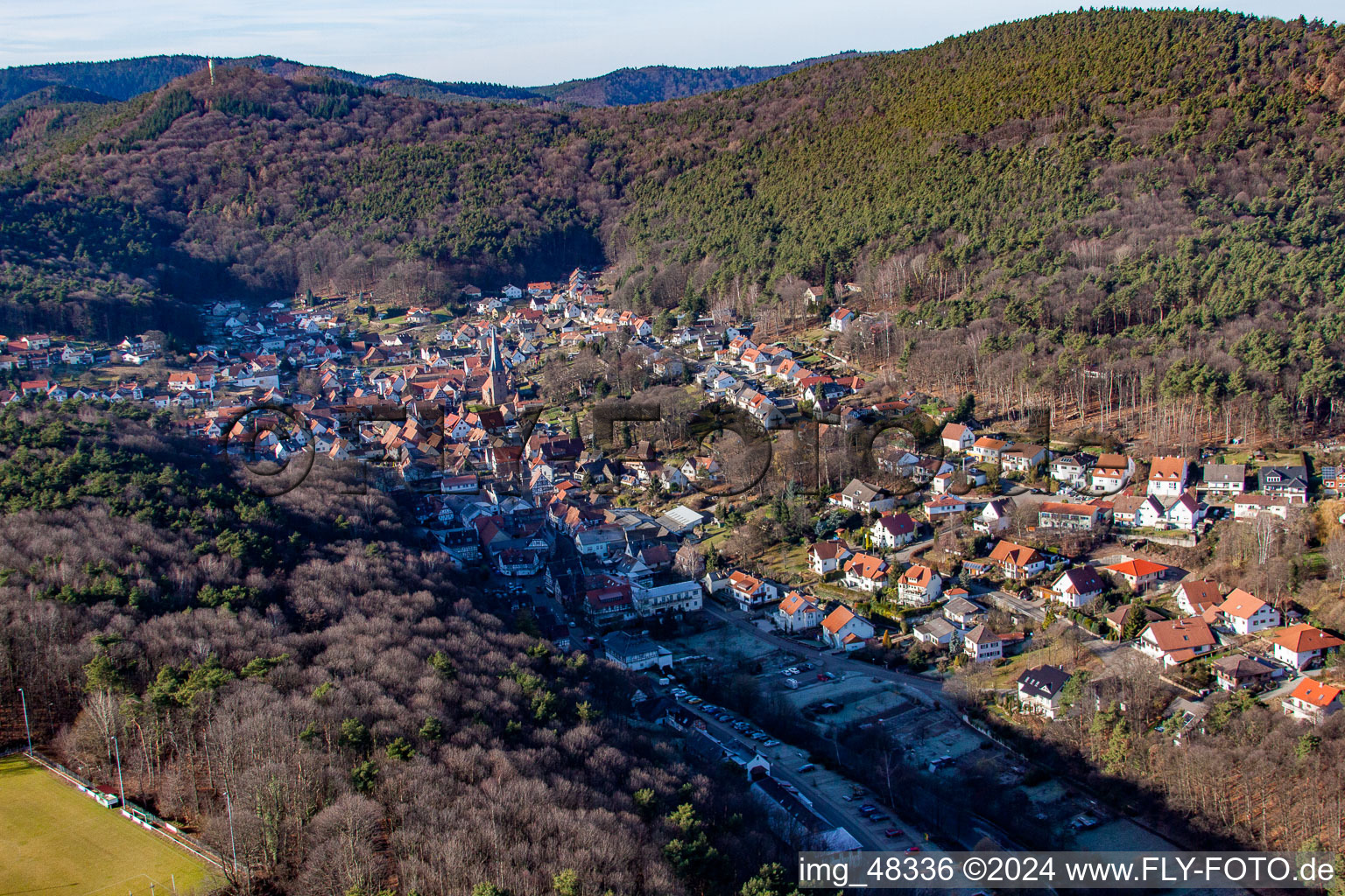 Oblique view of Forest and mountain scenery des suedlichen Pfaelzerwald in Doerrenbach in the state Rhineland-Palatinate