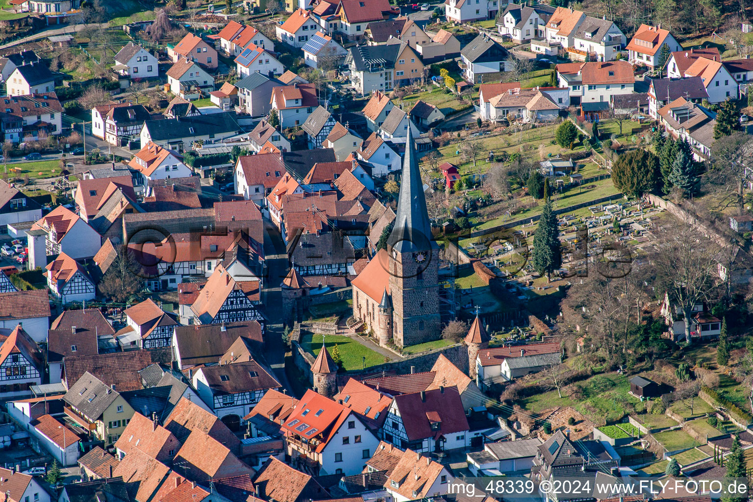 Aerial view of Church of St. Martin in the village of in Doerrenbach in the state Rhineland-Palatinate