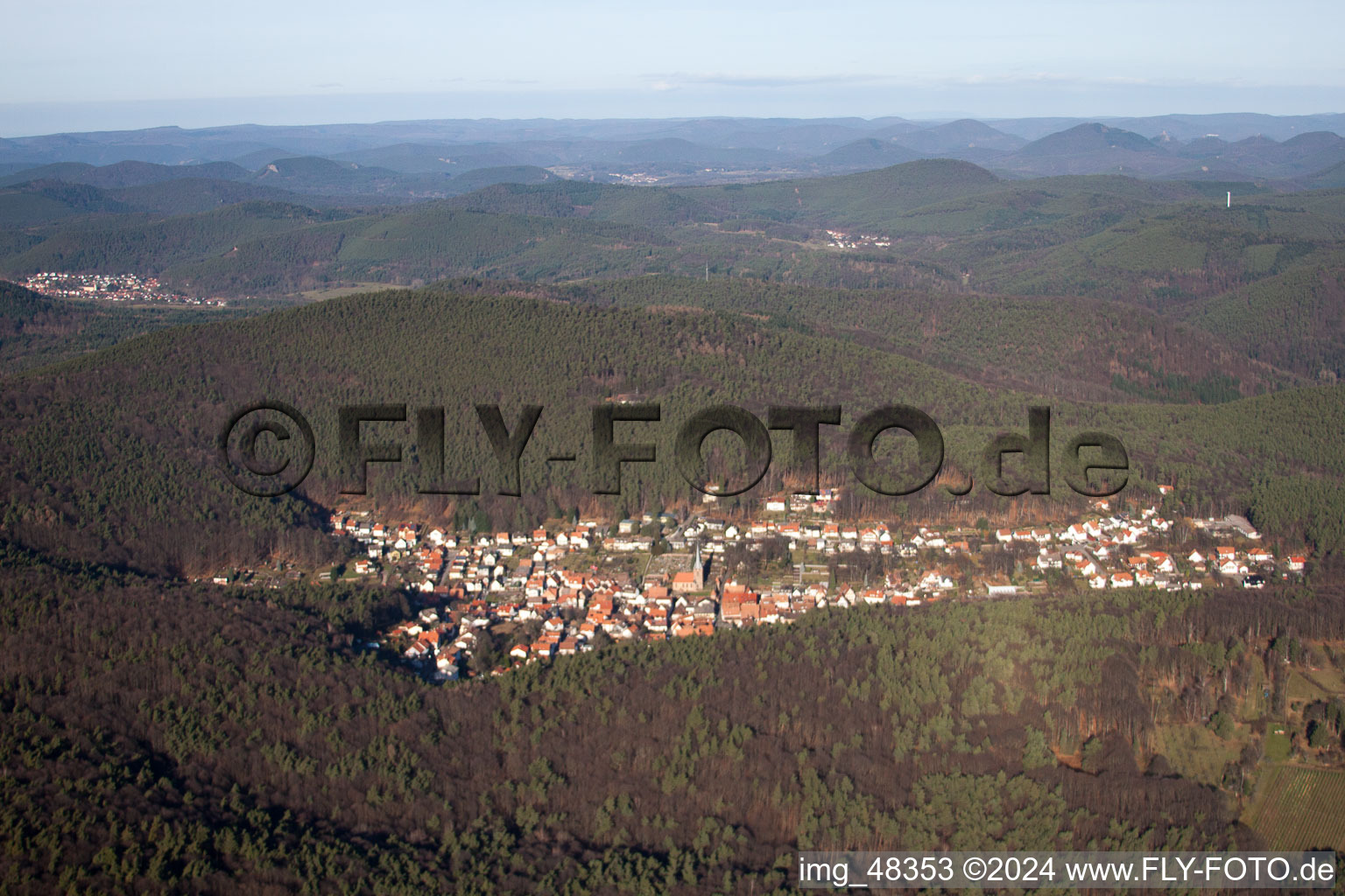 Forest and mountain scenery des suedlichen Pfaelzerwald in Doerrenbach in the state Rhineland-Palatinate from above