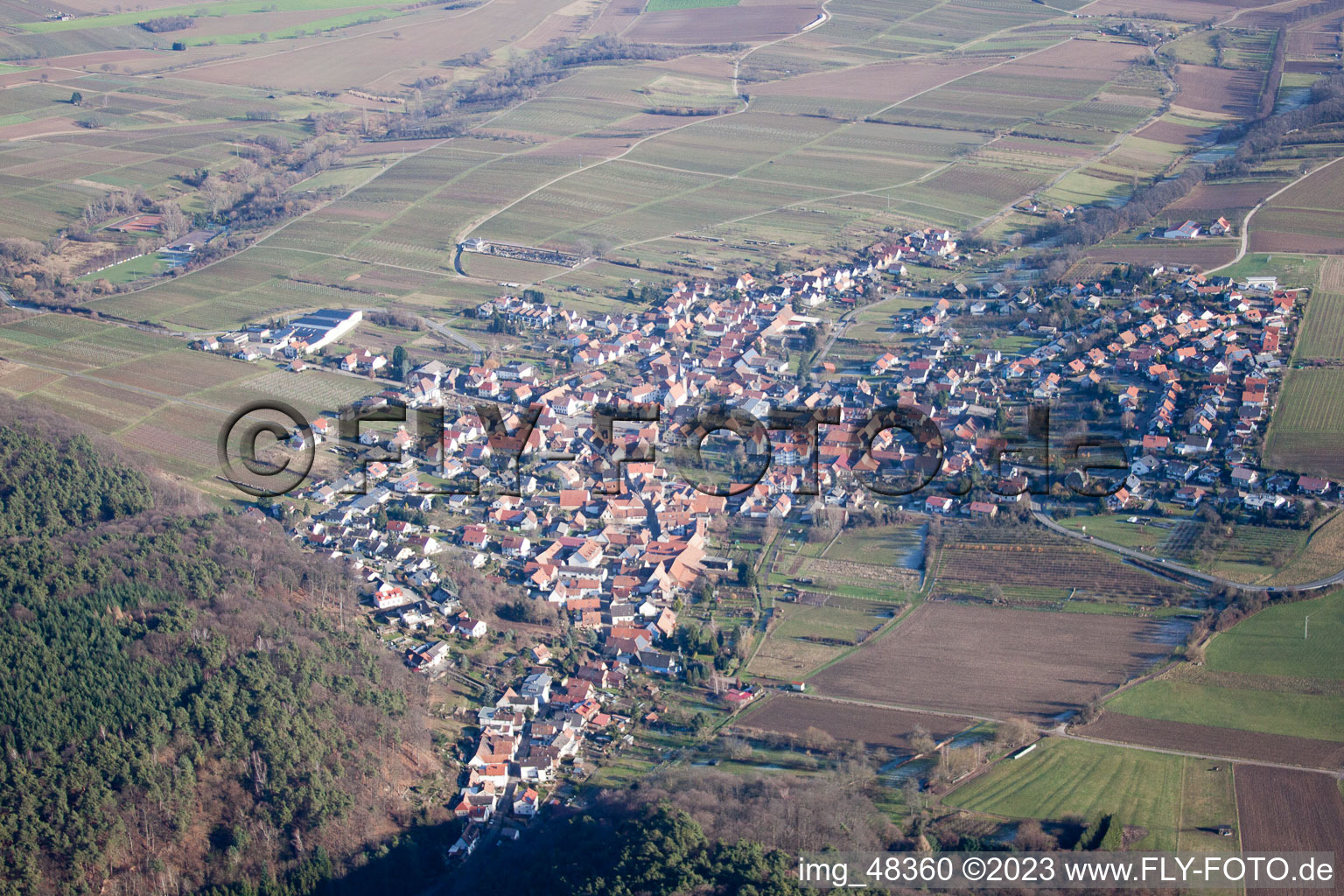 District Rechtenbach in Schweigen-Rechtenbach in the state Rhineland-Palatinate, Germany seen from above