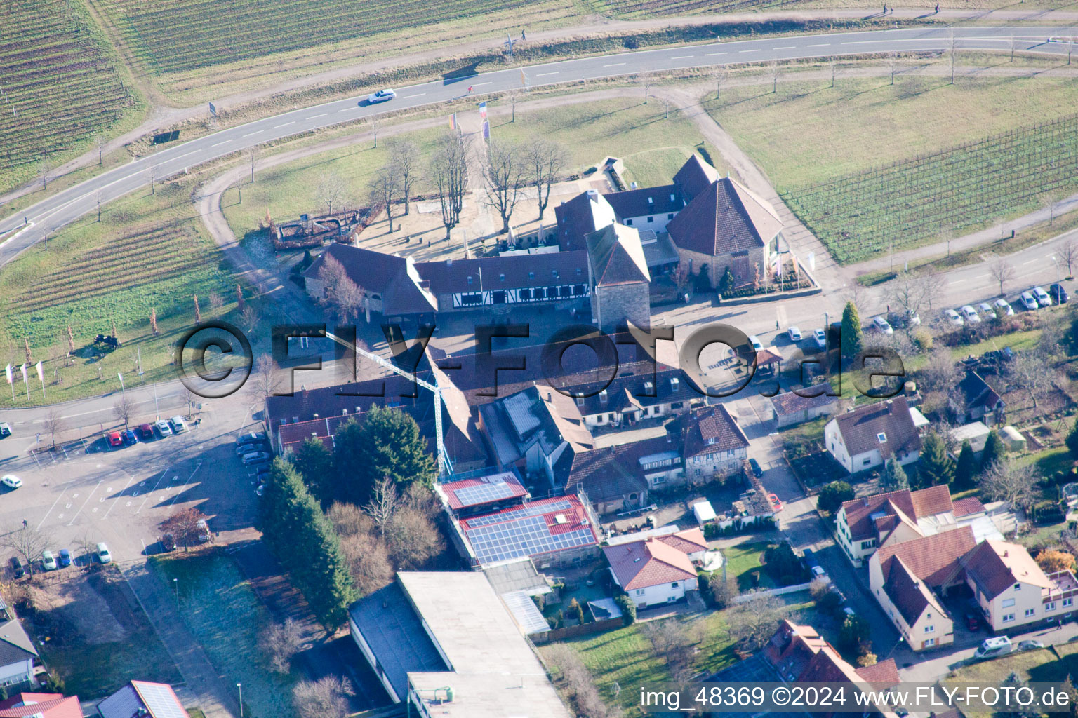 District Schweigen in Schweigen-Rechtenbach in the state Rhineland-Palatinate, Germany seen from a drone