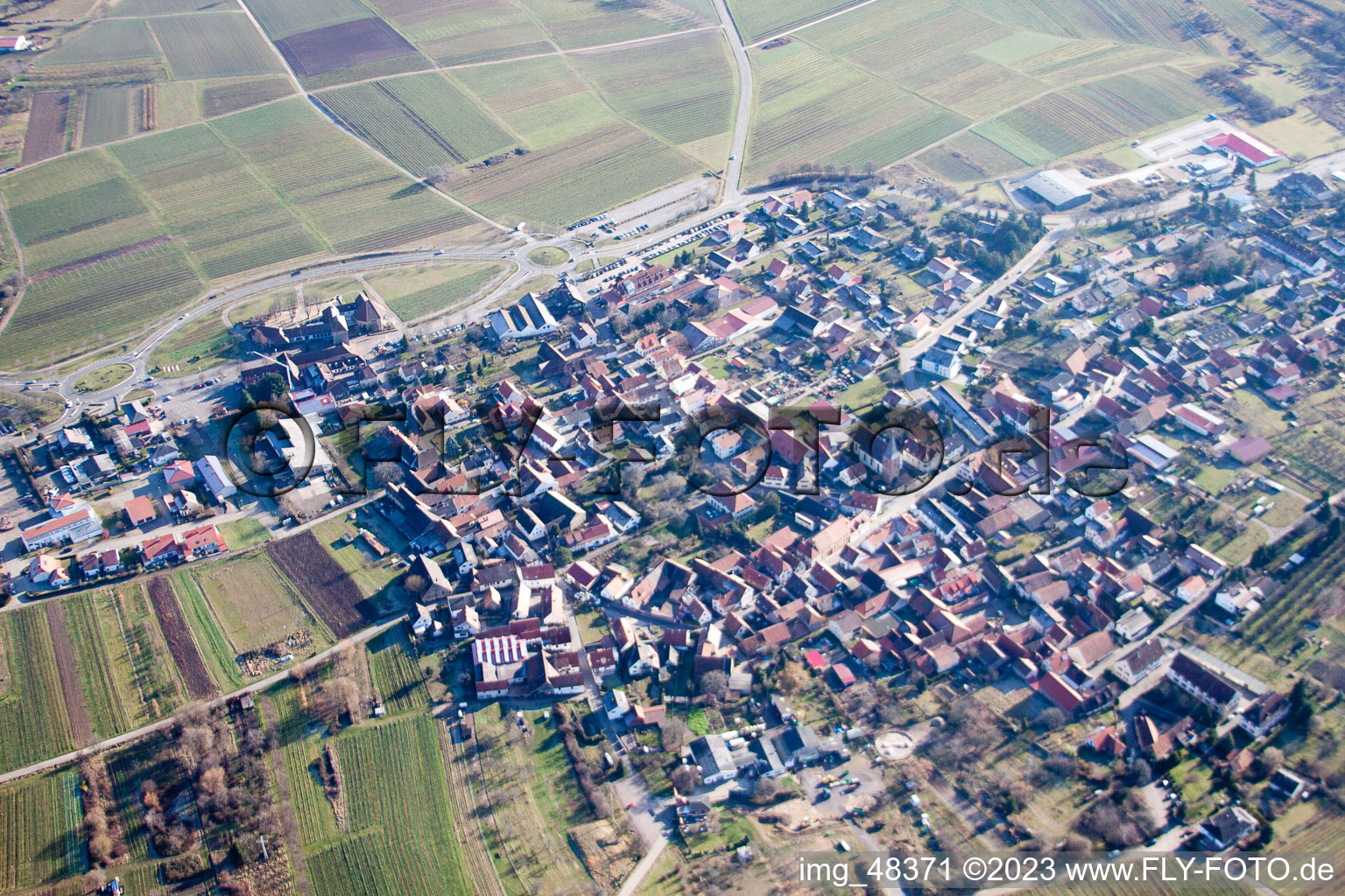District Schweigen in Schweigen-Rechtenbach in the state Rhineland-Palatinate, Germany seen from a drone