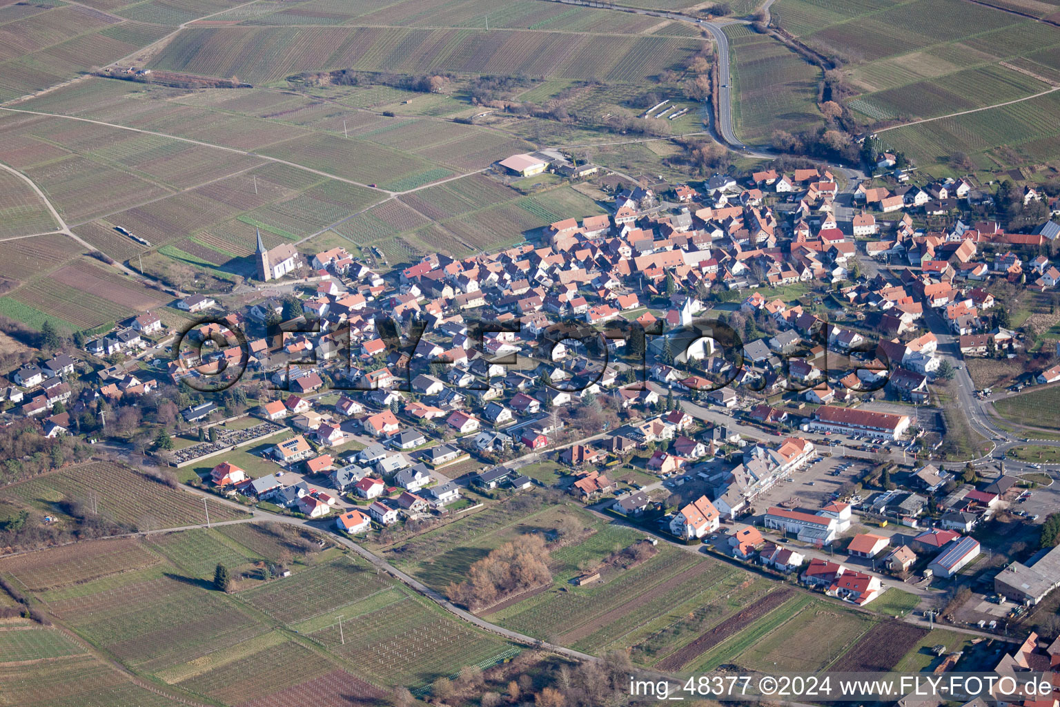 District Schweigen in Schweigen-Rechtenbach in the state Rhineland-Palatinate, Germany from above