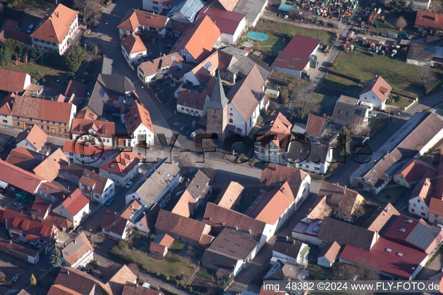 District Schweigen in Schweigen-Rechtenbach in the state Rhineland-Palatinate, Germany seen from above