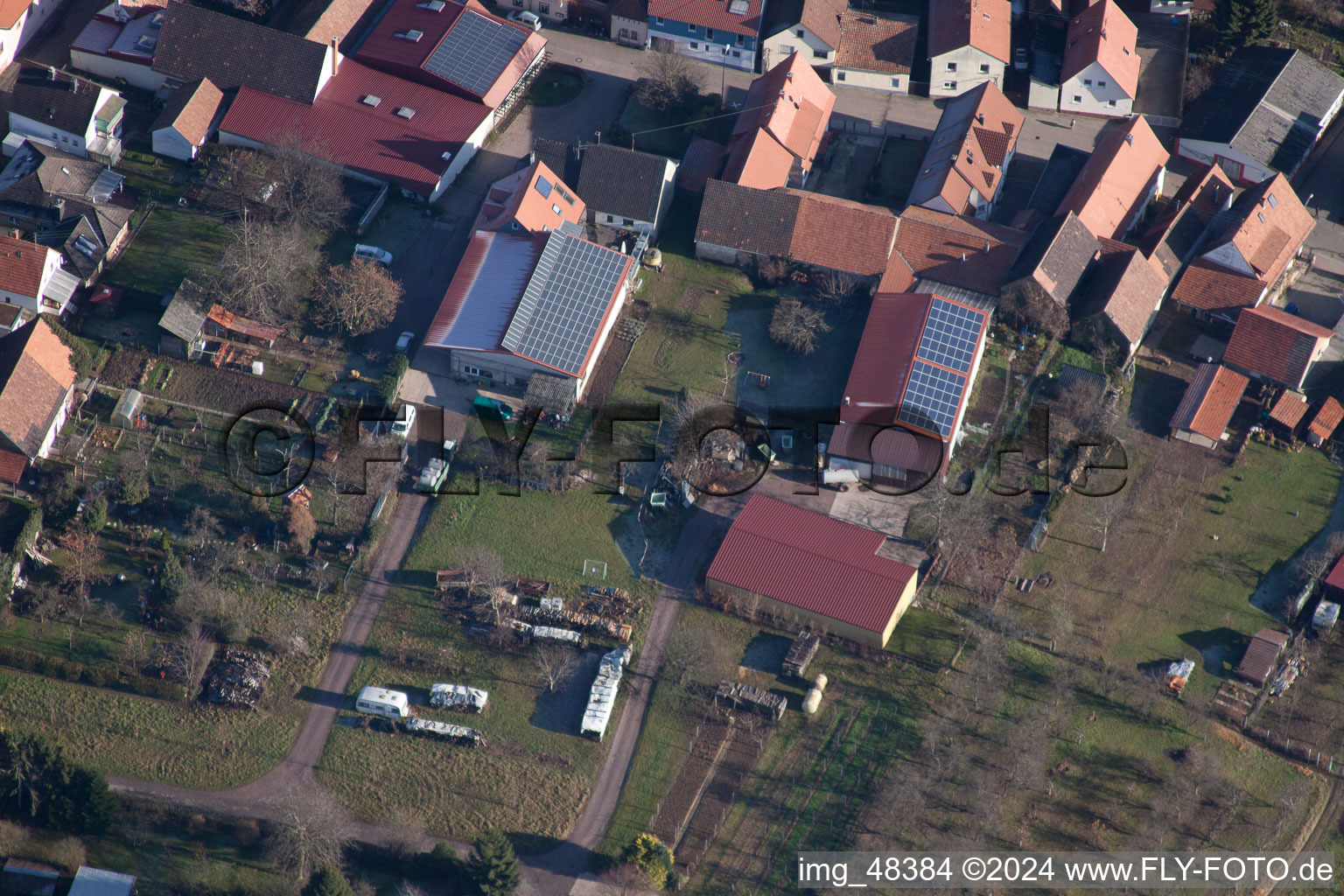 District Schweigen in Schweigen-Rechtenbach in the state Rhineland-Palatinate, Germany seen from above