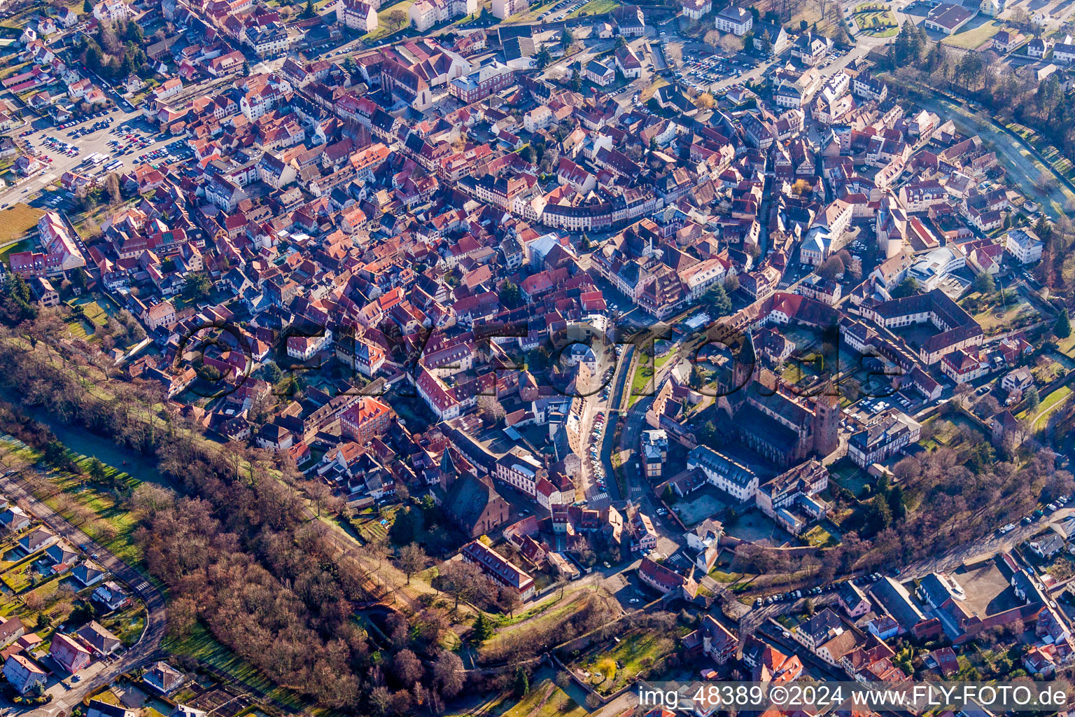 Aerial photograpy of Old Town area and city center in Wissembourg in Grand Est, France