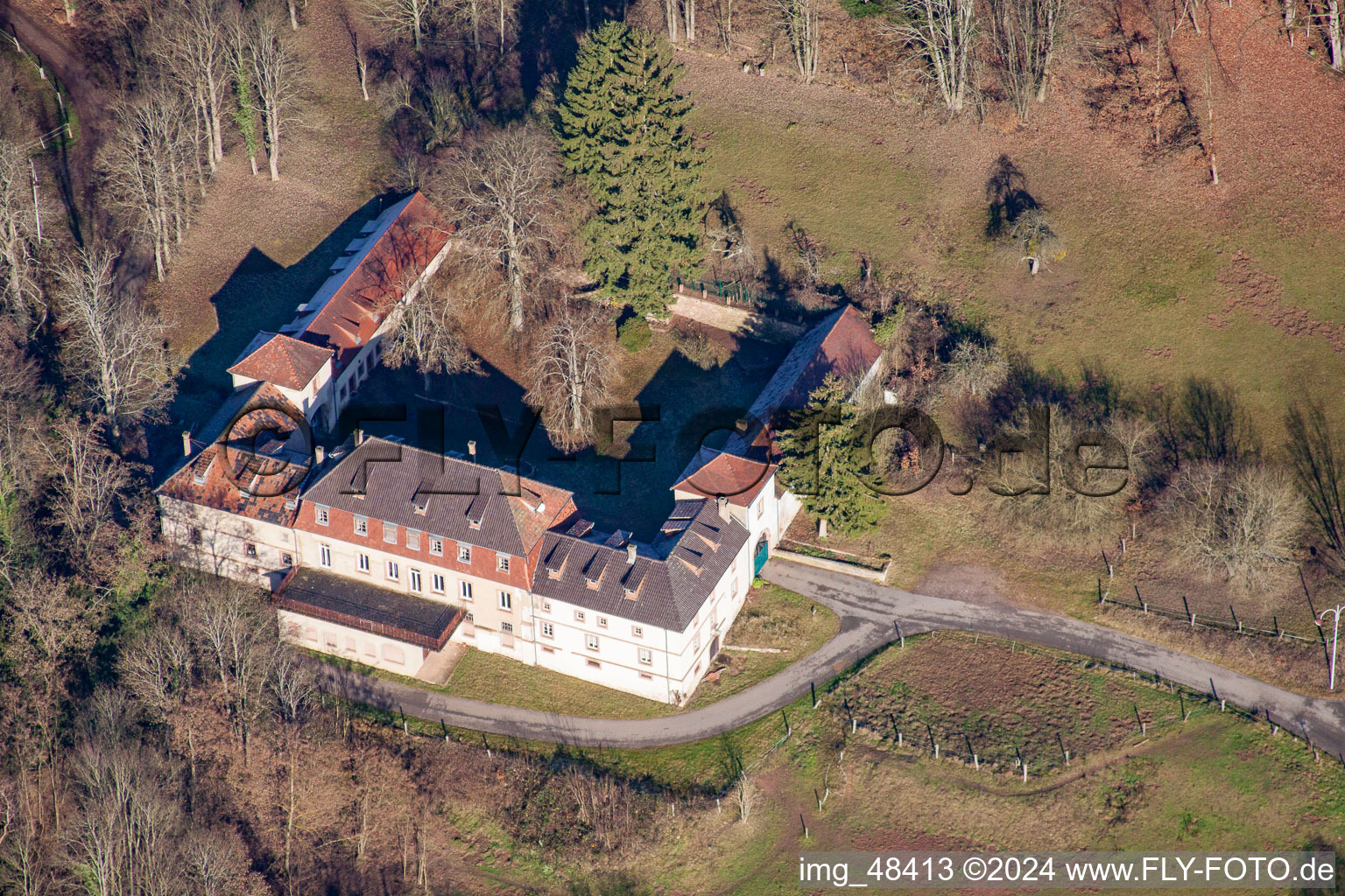 Chateau Langenberg in Weiler in the state Bas-Rhin, France from above