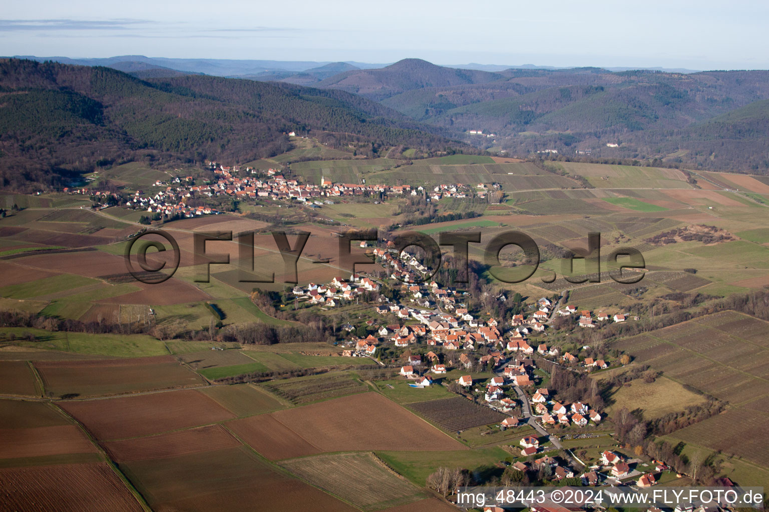 Steinseltz in the state Bas-Rhin, France seen from a drone