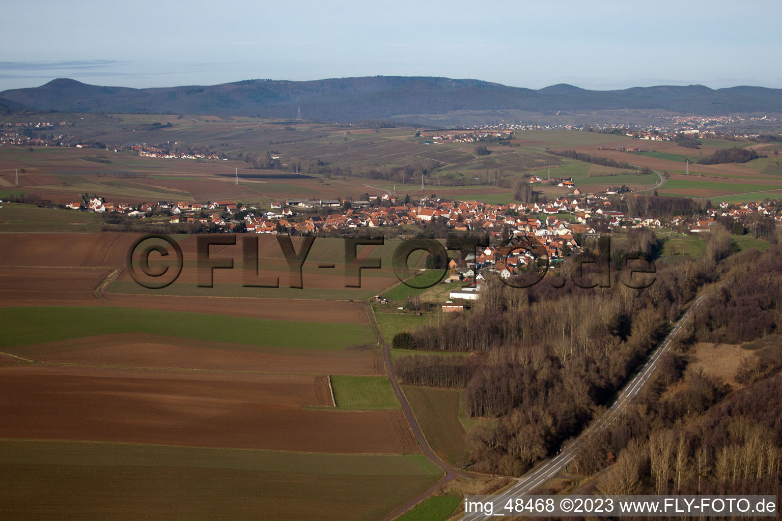 Riedseltz in the state Bas-Rhin, France seen from above