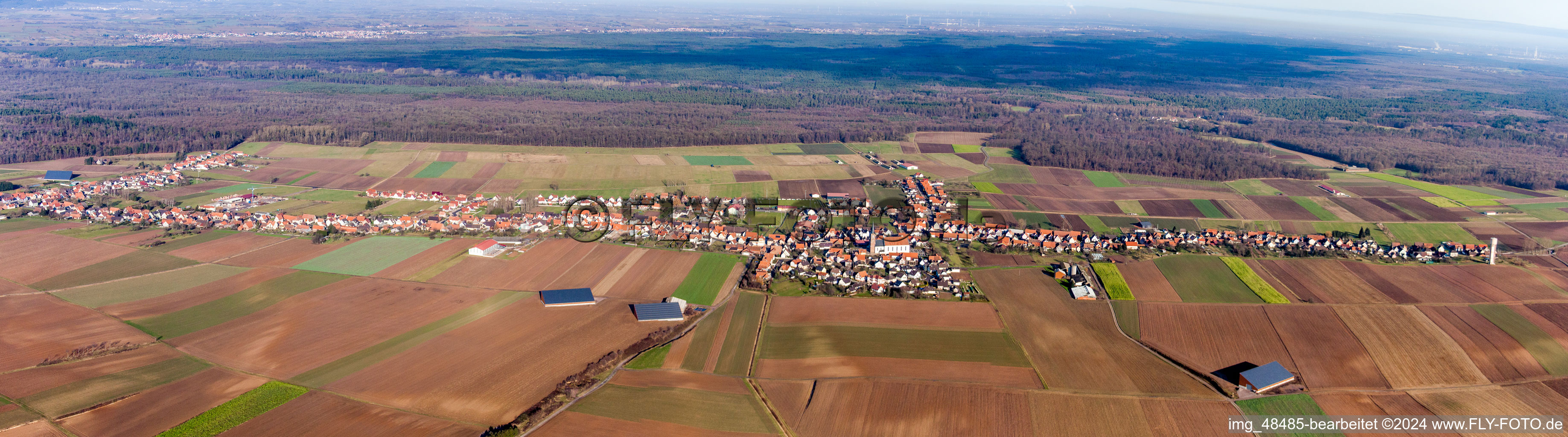 Aerial photograpy of Panoramic perspective of the Longest Village in Alsace in Schleithal in Grand Est, France