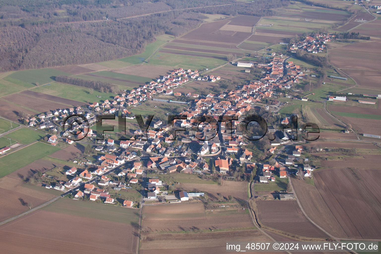 Niederlauterbach in the state Bas-Rhin, France seen from a drone