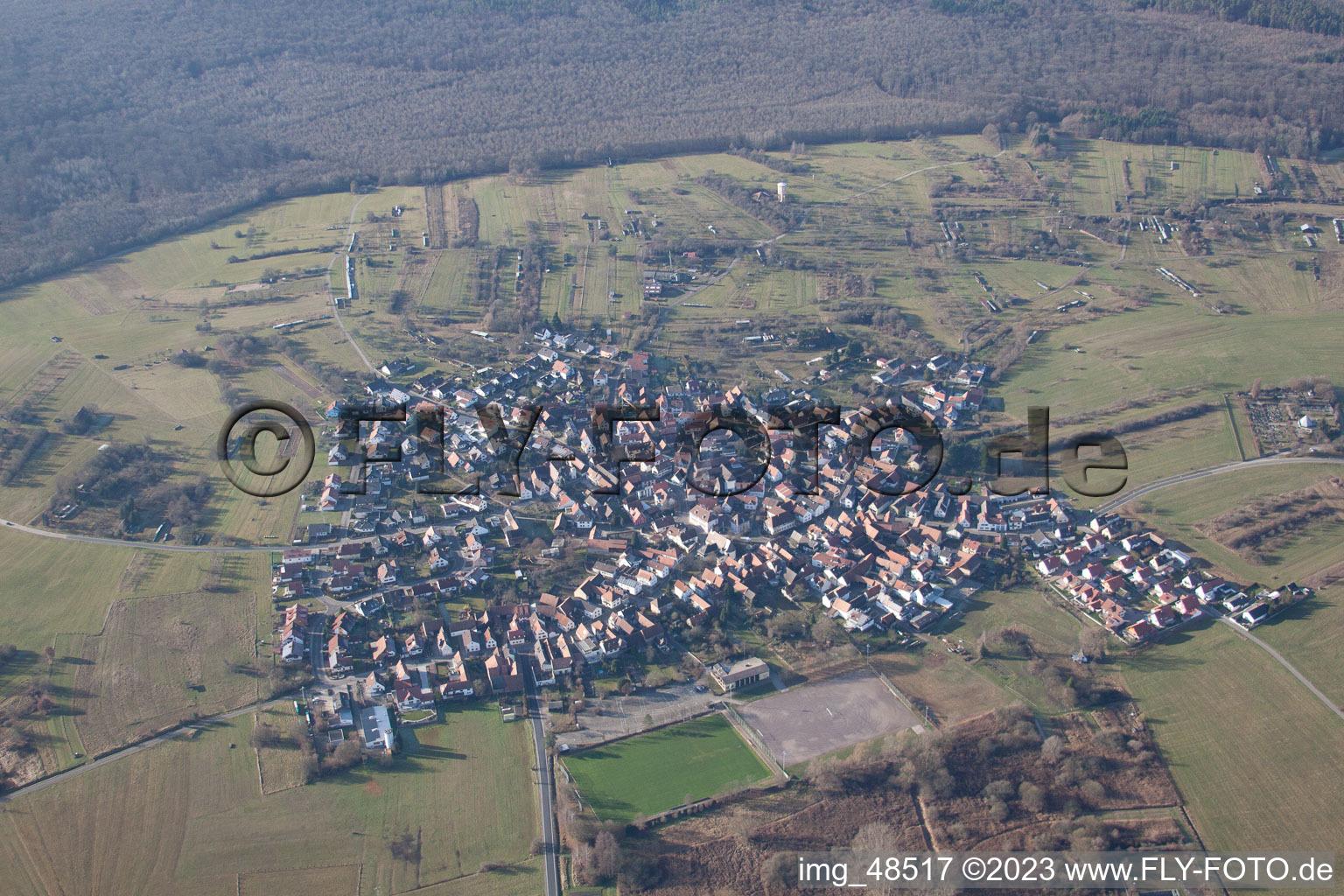 Aerial view of District Büchelberg in Wörth am Rhein in the state Rhineland-Palatinate, Germany