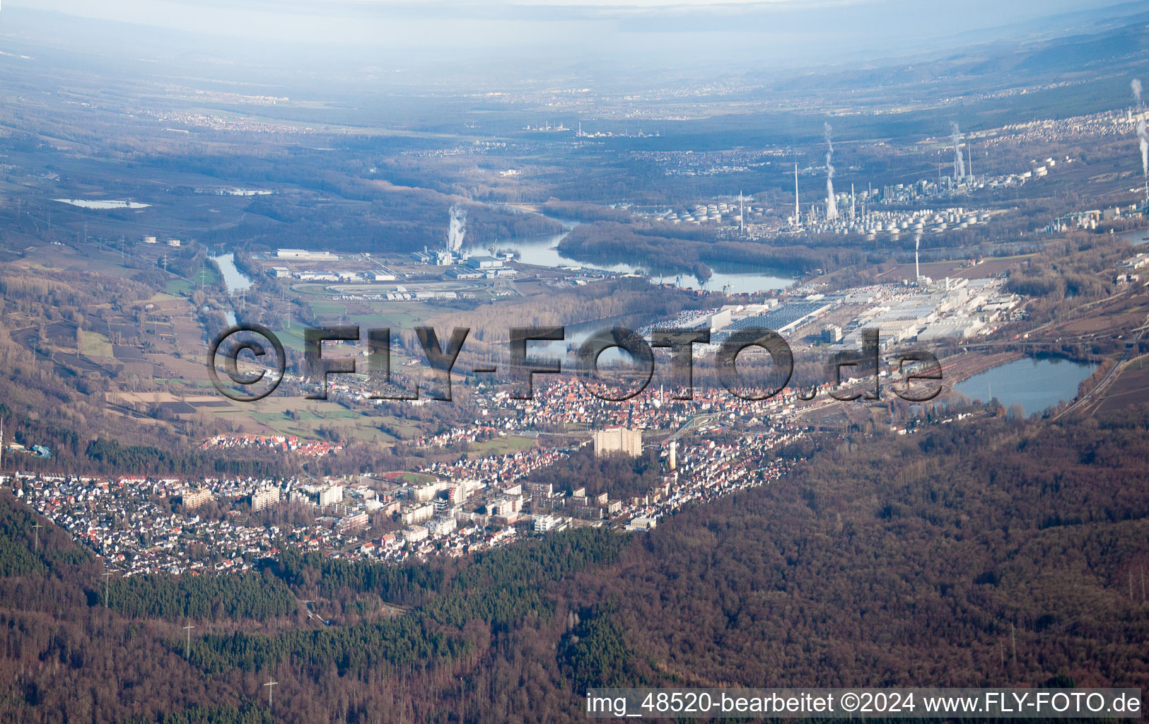 Aerial view of From the southwest in Wörth am Rhein in the state Rhineland-Palatinate, Germany