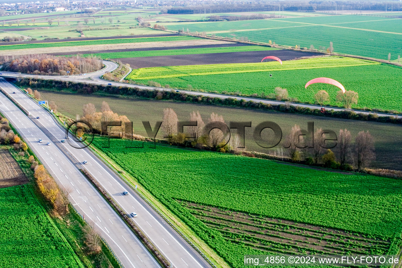 Aerial view of Motorway exit in Hockenheim in the state Baden-Wuerttemberg, Germany