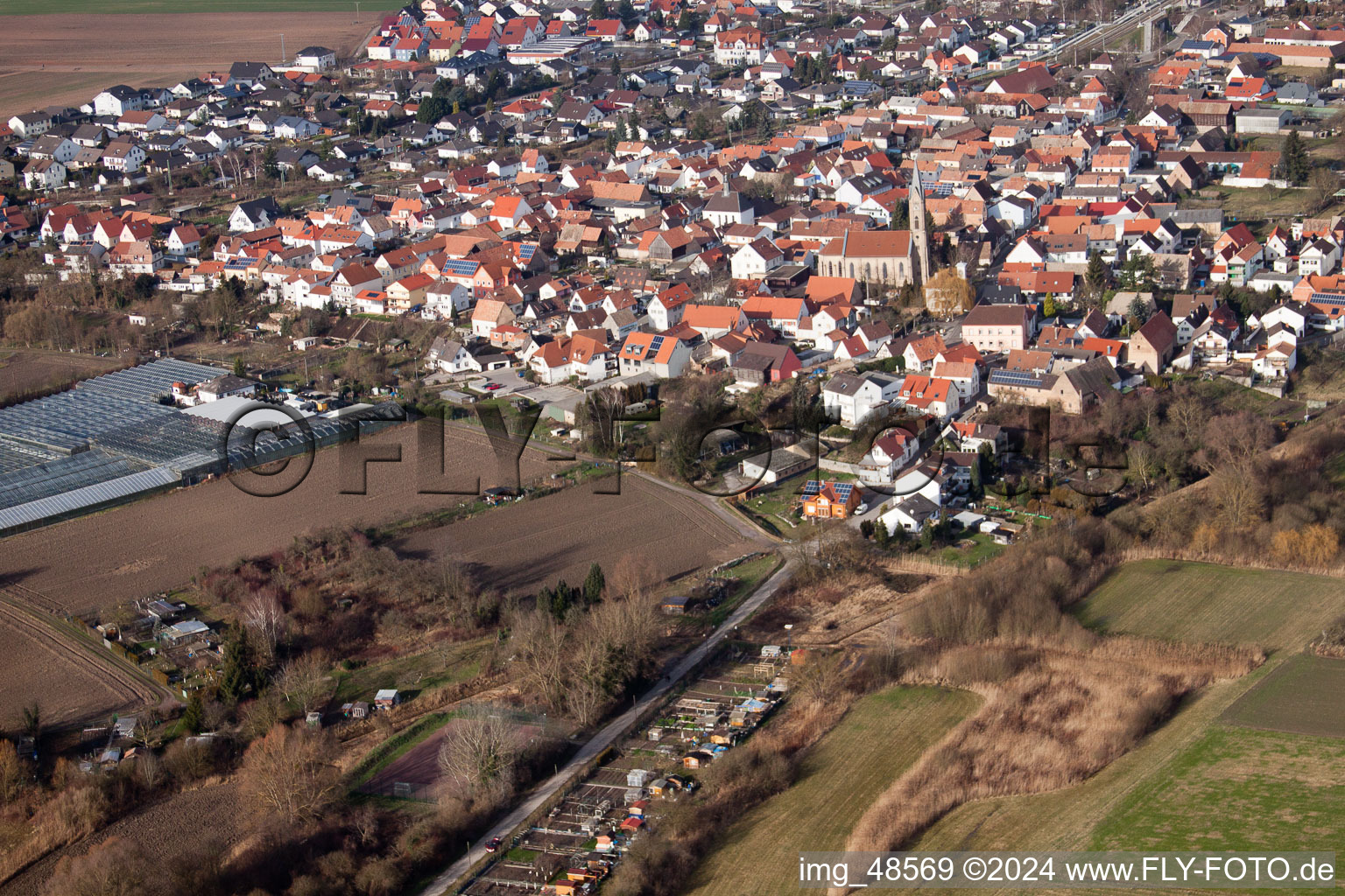 Oblique view of District Sondernheim in Germersheim in the state Rhineland-Palatinate, Germany