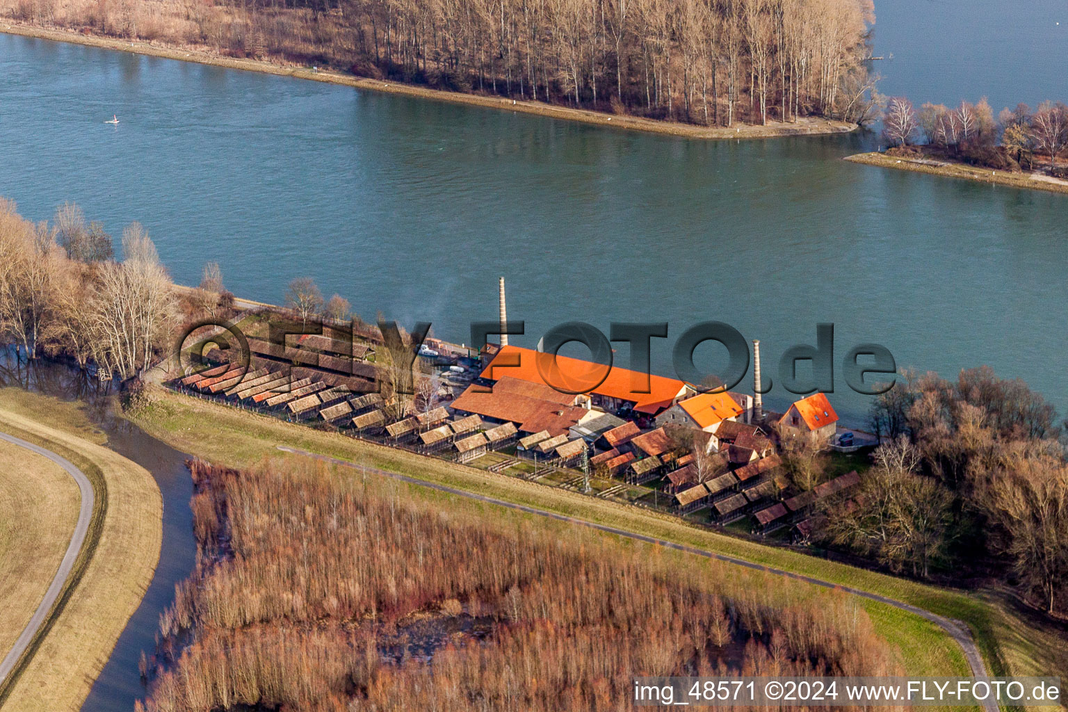 Aerial photograpy of Museum building ensemble Ziegeleimuseum Sondernheim in Germersheim in the state Rhineland-Palatinate, Germany