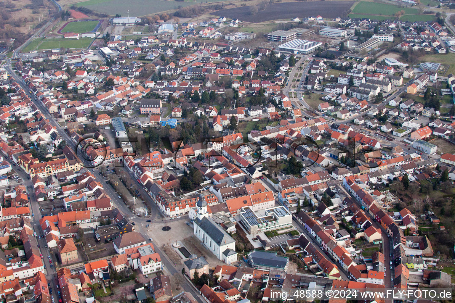 Bird's eye view of Philippsburg in the state Baden-Wuerttemberg, Germany