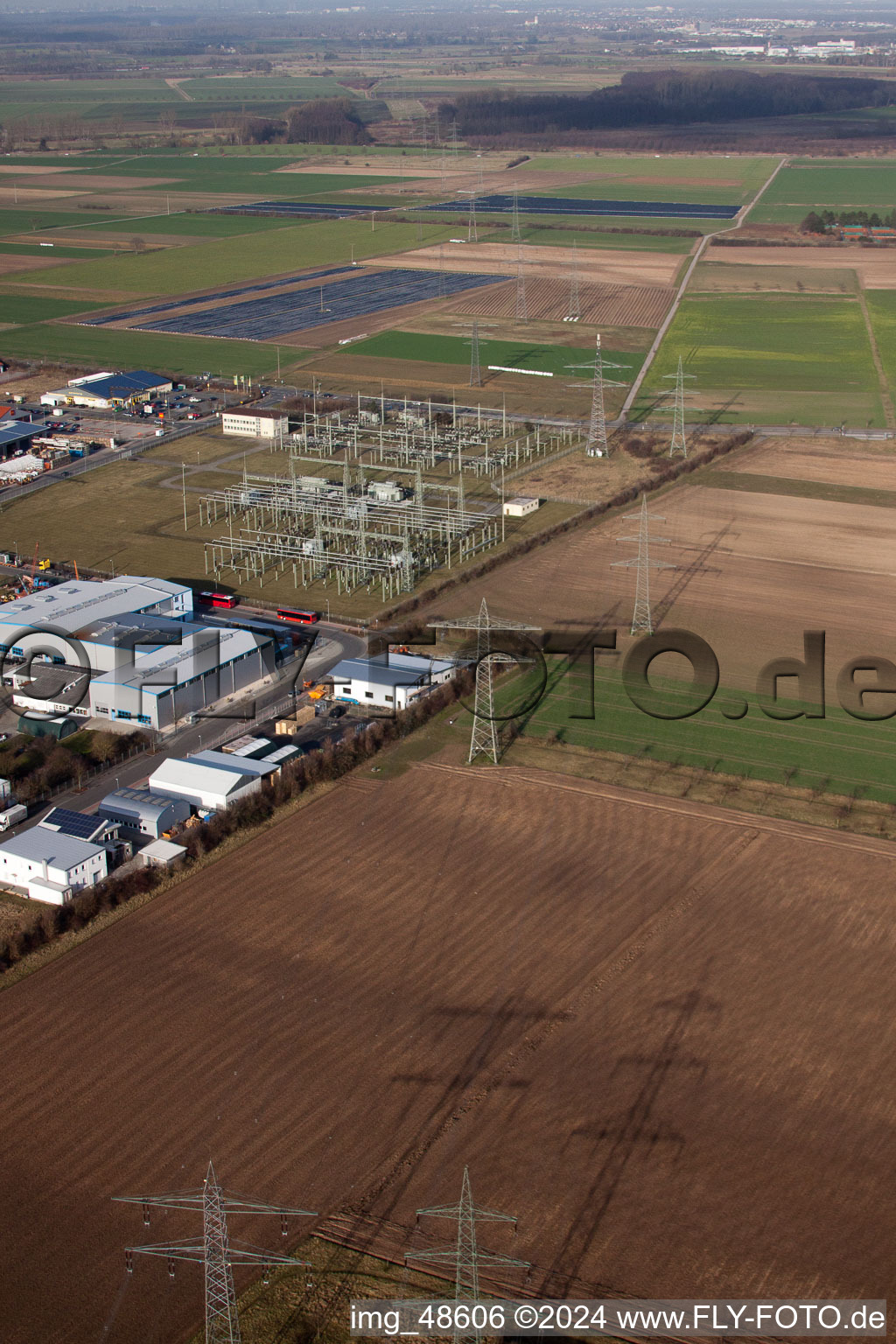 Aerial view of Substation in Neulußheim in the state Baden-Wuerttemberg, Germany