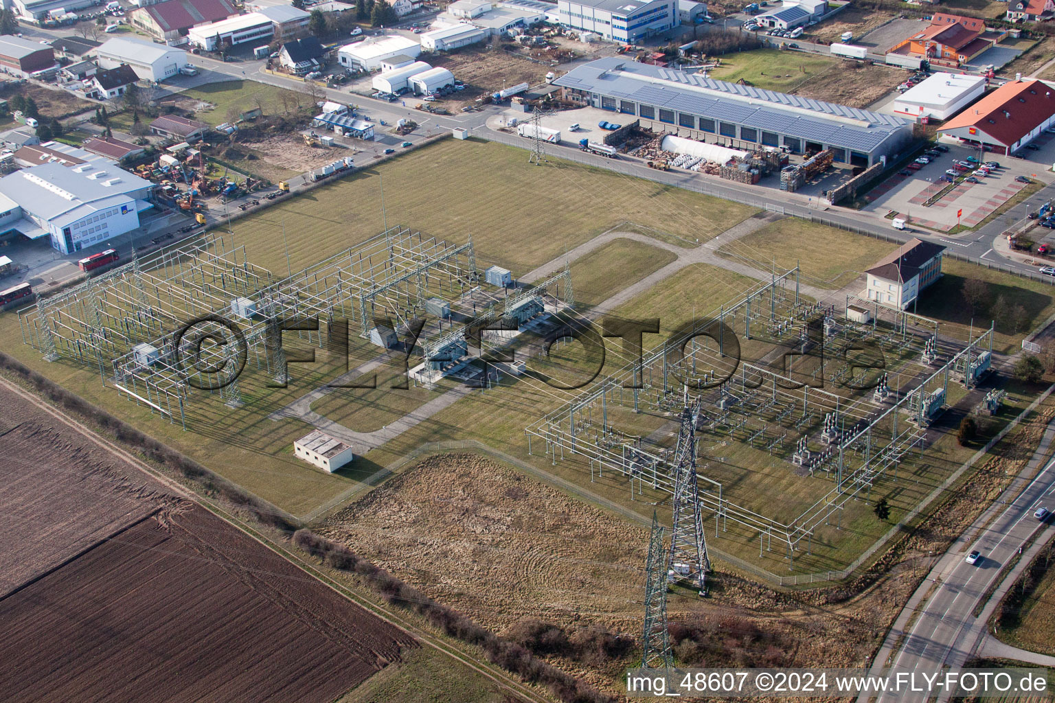 Aerial photograpy of Substation in Neulußheim in the state Baden-Wuerttemberg, Germany