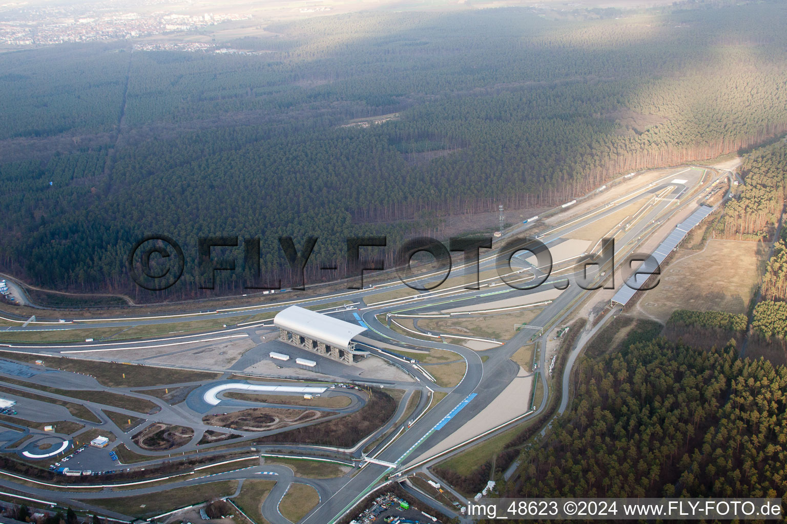 Aerial photograpy of Motodrom in Hockenheim in the state Baden-Wuerttemberg, Germany