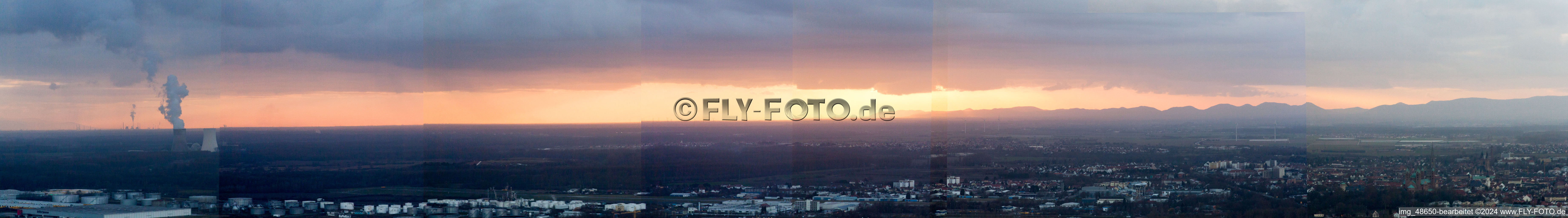 Aerial view of Panorama of the Rhine loop from the northeast in Speyer in the state Rhineland-Palatinate, Germany