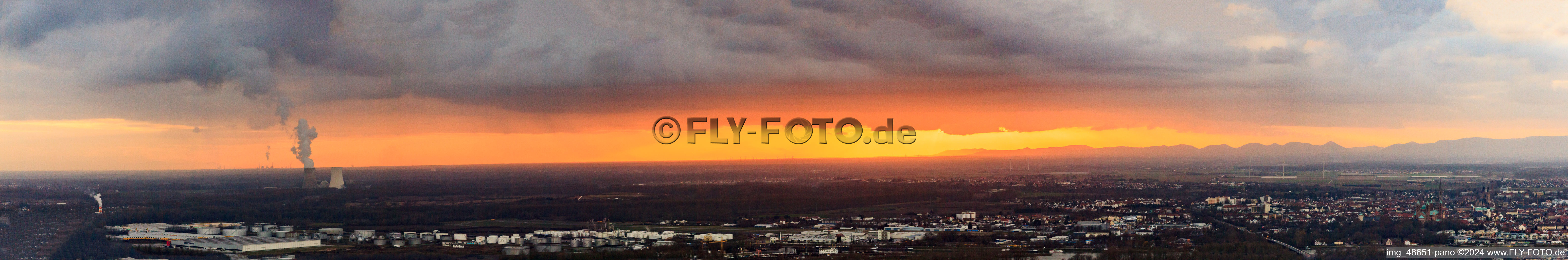 Industrial area at the airport at sunset in Speyer in the state Rhineland-Palatinate, Germany