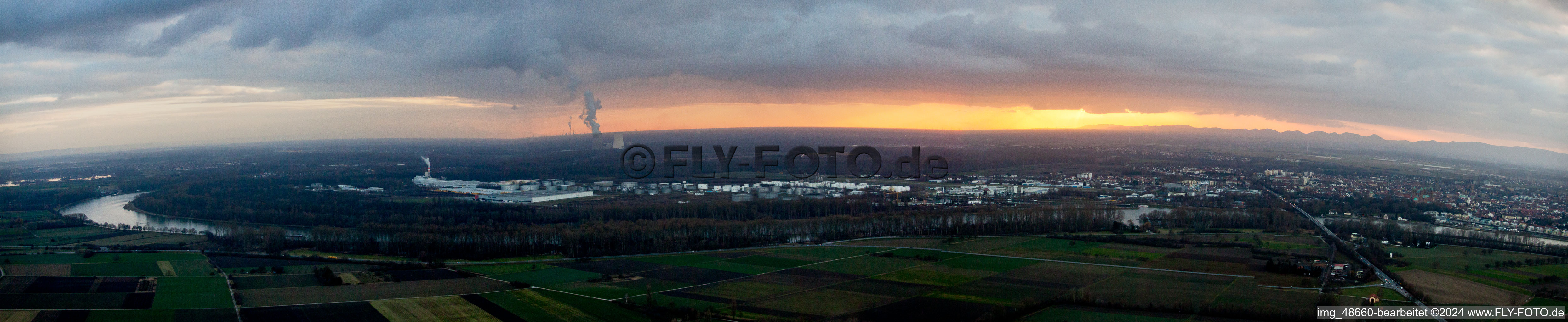 Aerial photograpy of Panorama of the Rhine loop from the northeast in Speyer in the state Rhineland-Palatinate, Germany