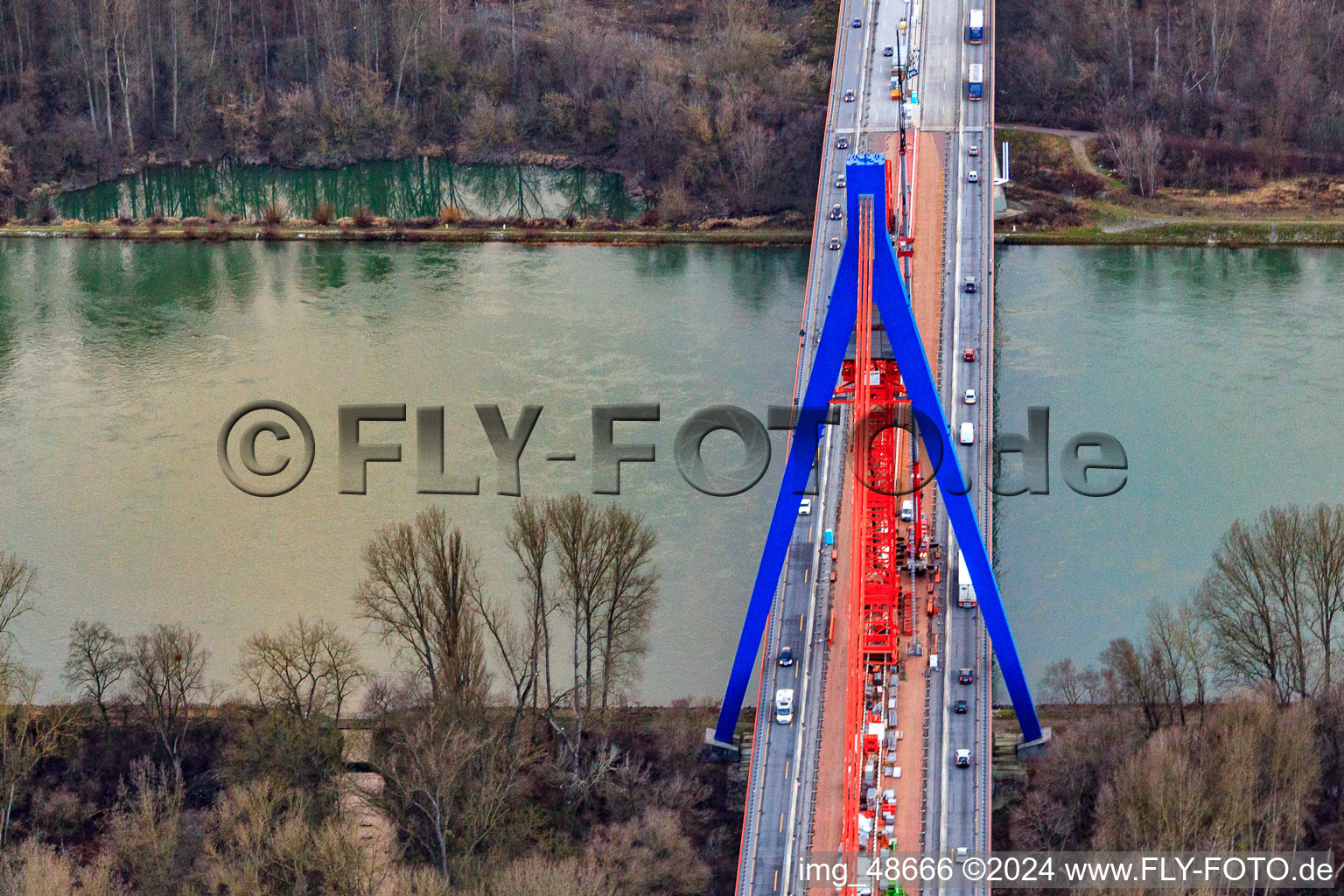 Aerial view of Motorway bridge construction site in Speyer in the state Rhineland-Palatinate, Germany