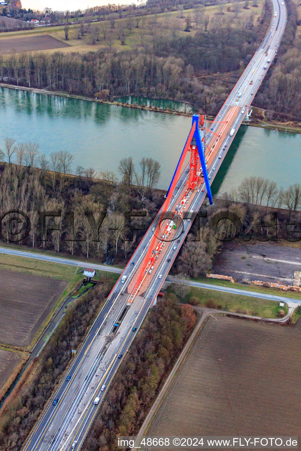 Oblique view of Motorway bridge construction site in Speyer in the state Rhineland-Palatinate, Germany