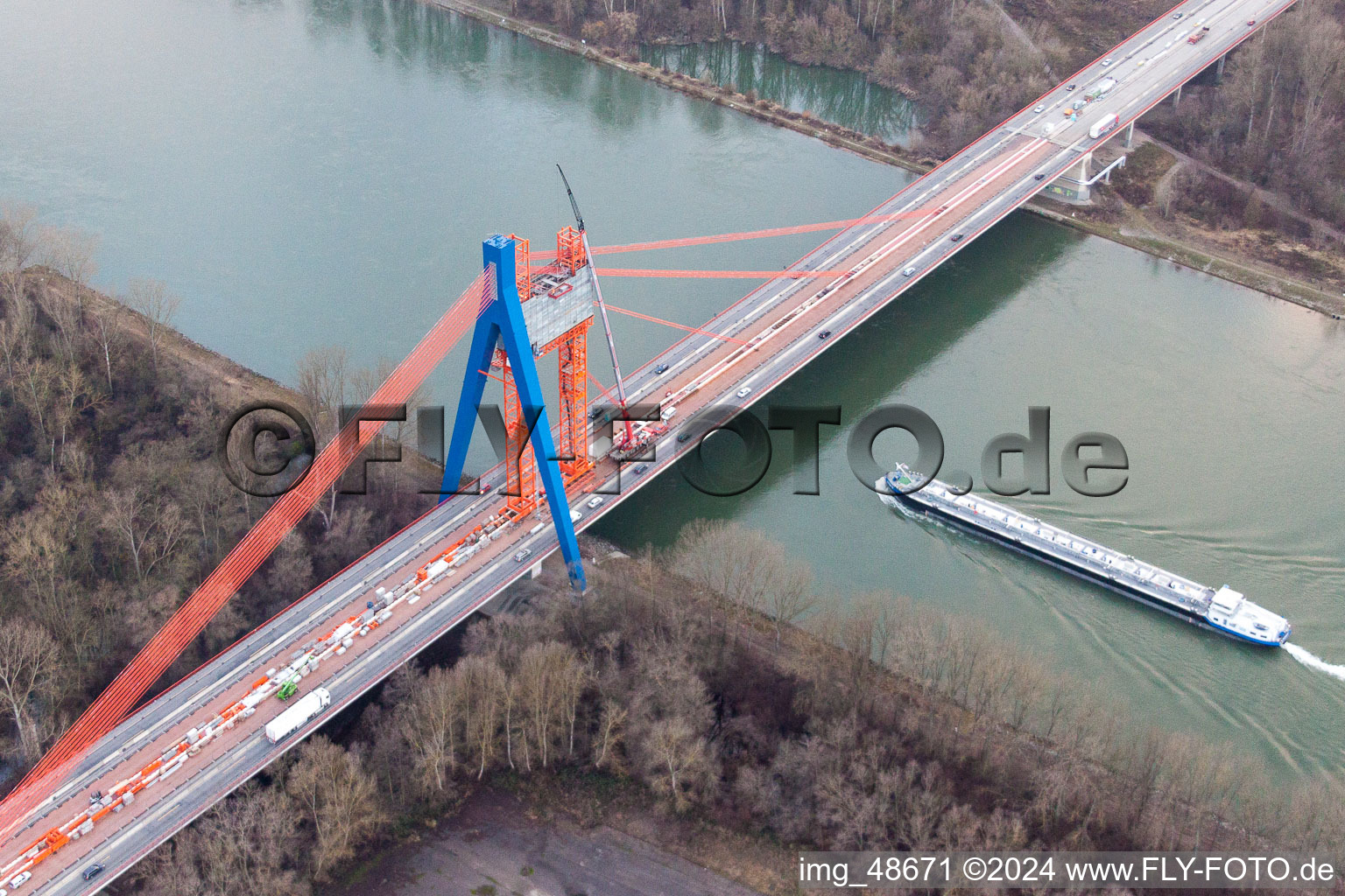 Reconstruction site for the highway bridge in the motorway A 61 crossing the river Rhine in Hockenheim in the state Baden-Wurttemberg, Germany