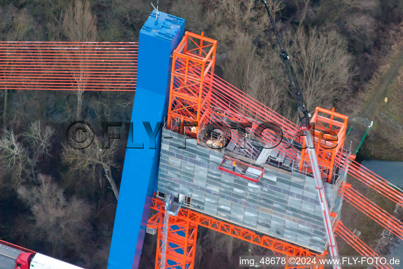 Aerial view of Reconstruction site for the highway bridge in the motorway A 61 crossing the river Rhine in Hockenheim in the state Baden-Wurttemberg, Germany