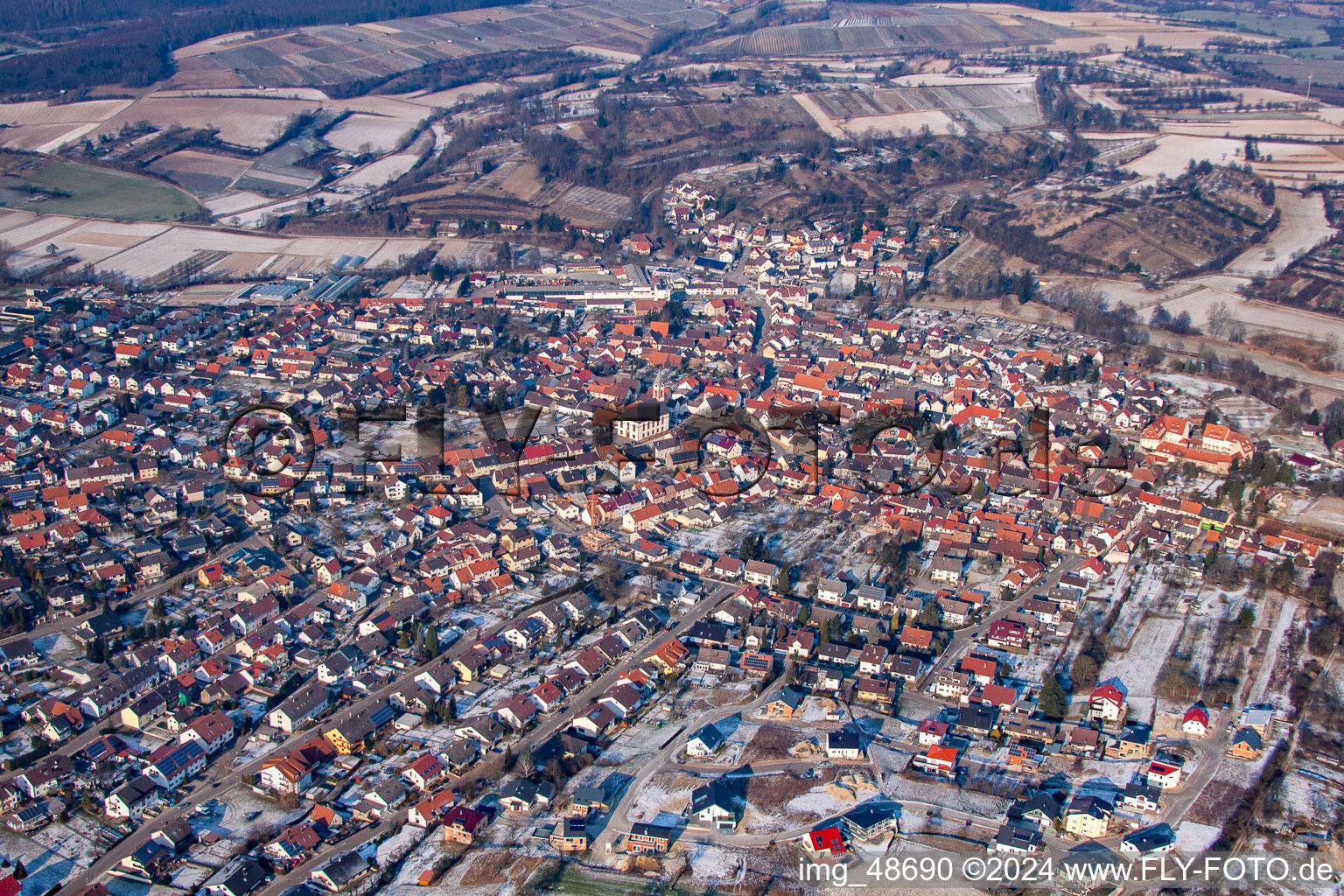 Aerial view of In winter in the district Unteröwisheim in Kraichtal in the state Baden-Wuerttemberg, Germany