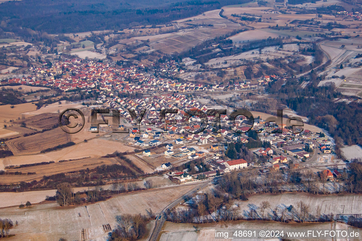 Aerial photograpy of In winter in the district Unteröwisheim in Kraichtal in the state Baden-Wuerttemberg, Germany