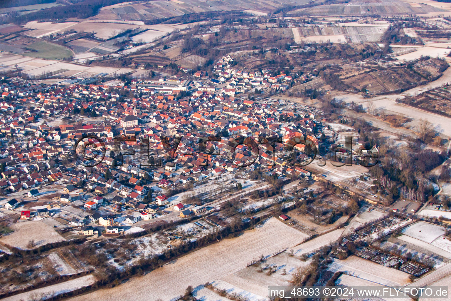 Oblique view of In winter in the district Unteröwisheim in Kraichtal in the state Baden-Wuerttemberg, Germany