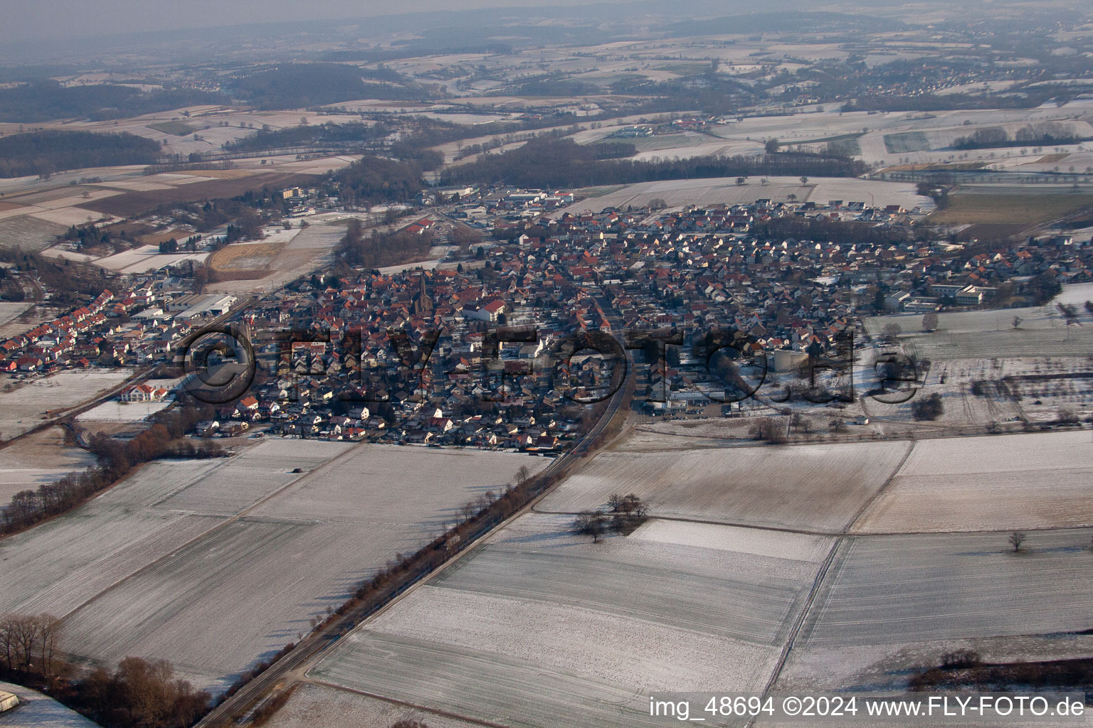 In winter from the west in the district Münzesheim in Kraichtal in the state Baden-Wuerttemberg, Germany