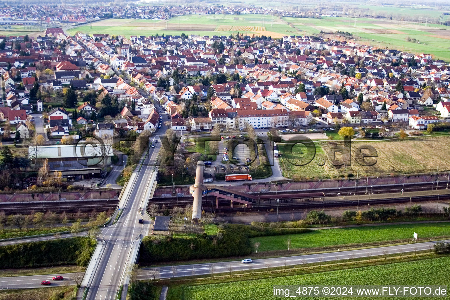 Train station from the east in Neulußheim in the state Baden-Wuerttemberg, Germany