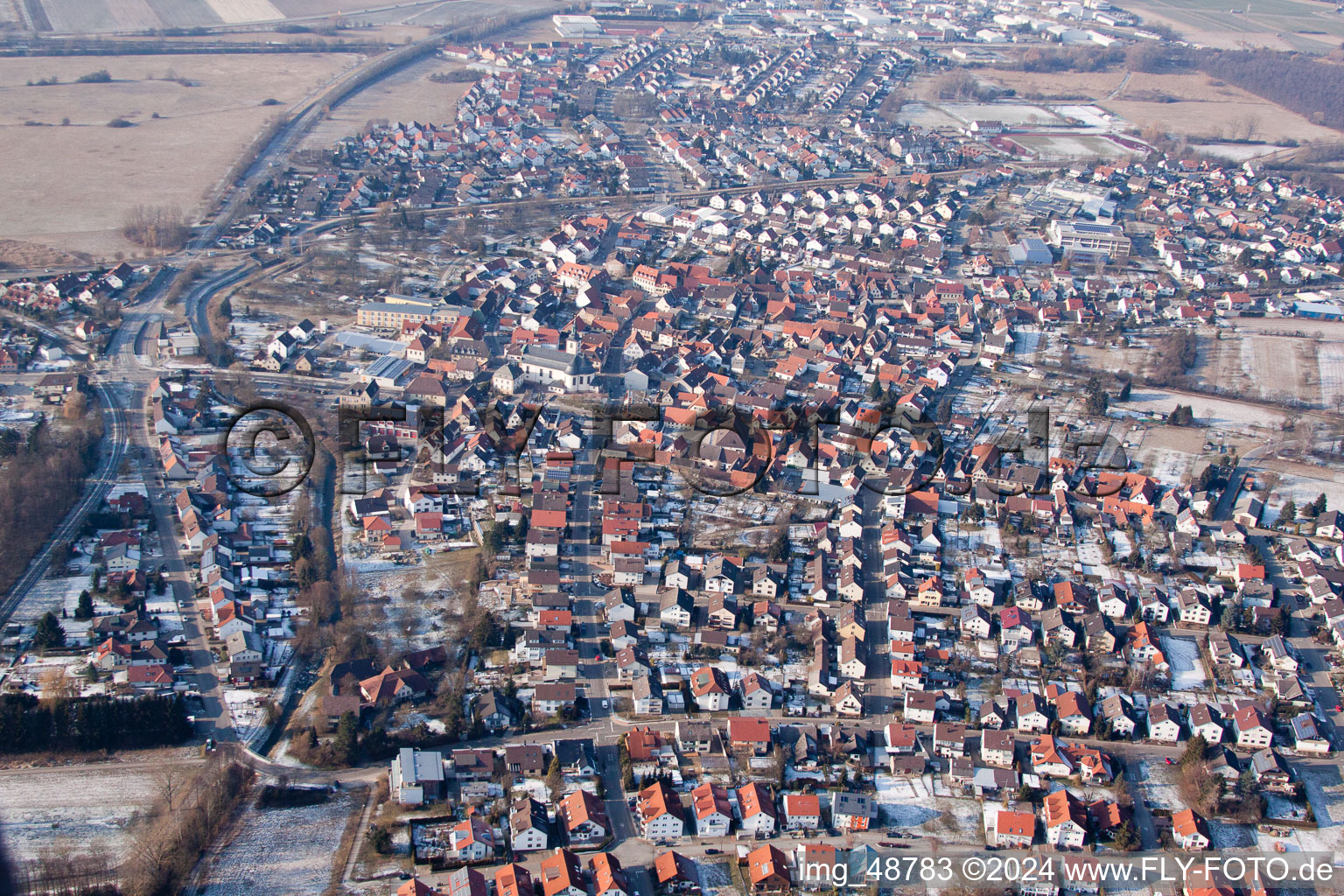 Aerial view of District Weiher in Ubstadt-Weiher in the state Baden-Wuerttemberg, Germany