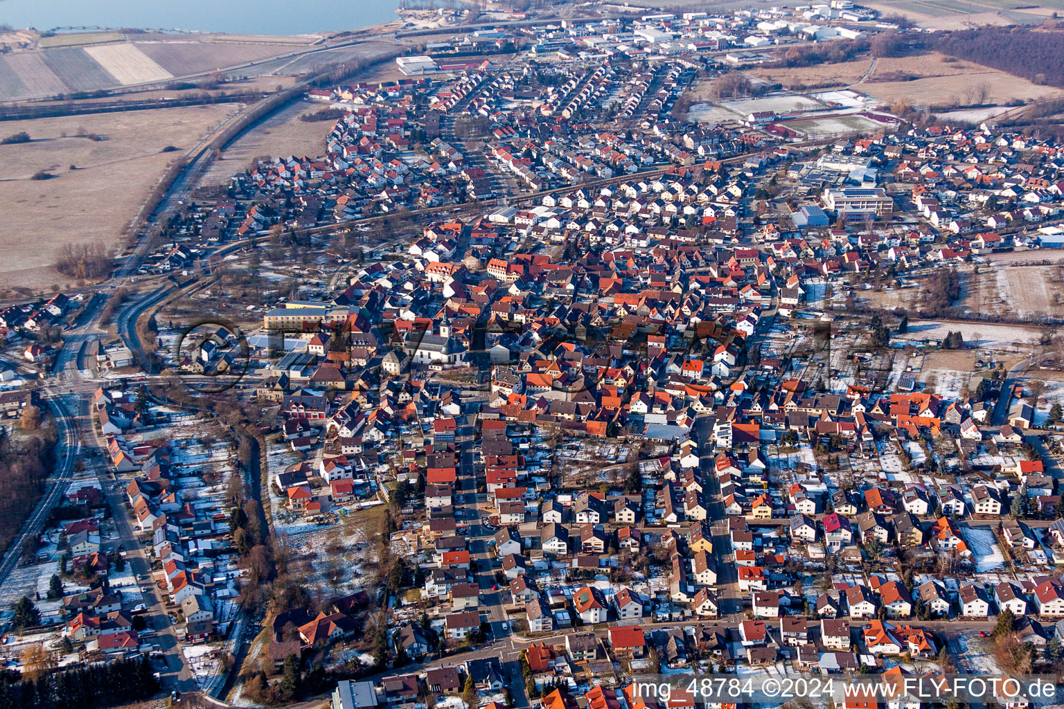 Aerial view of Town View of the streets and houses of the residential areas in Ubstadt-Weiher in the state Baden-Wurttemberg, Germany