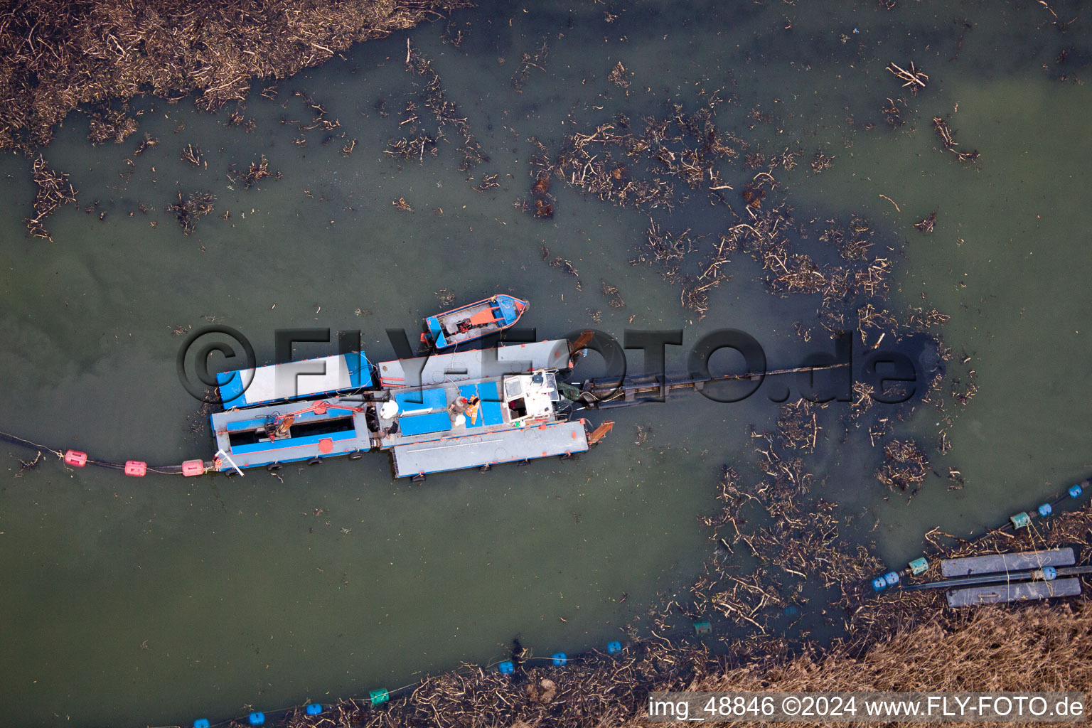 Aerial view of Old Rhine desludging in Neupotz in the state Rhineland-Palatinate, Germany