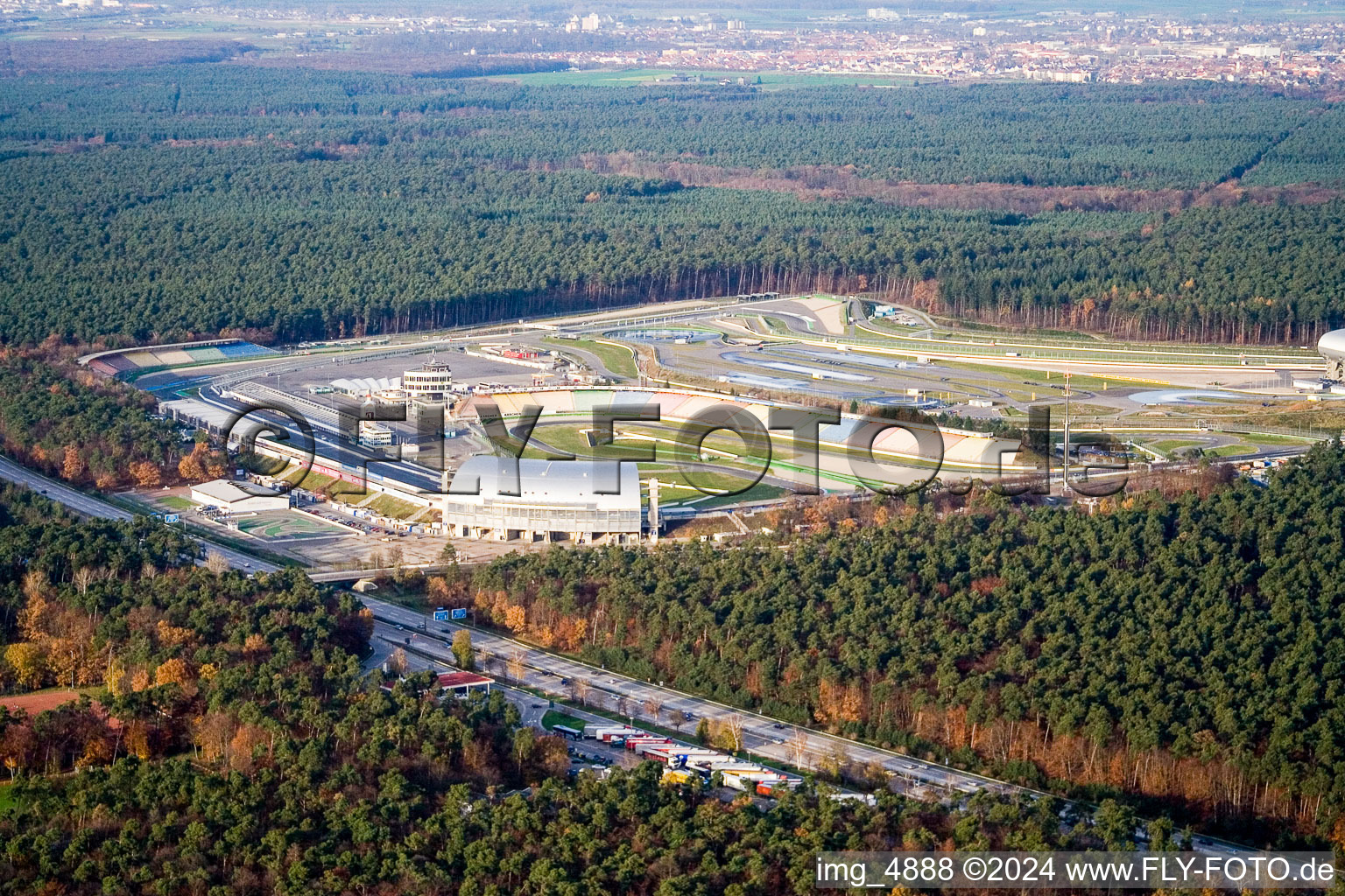 Wintry snowy Serpentine curve of the racetrack route of Motodrom Hockenheimring in Hockenheim in the state Baden-Wurttemberg