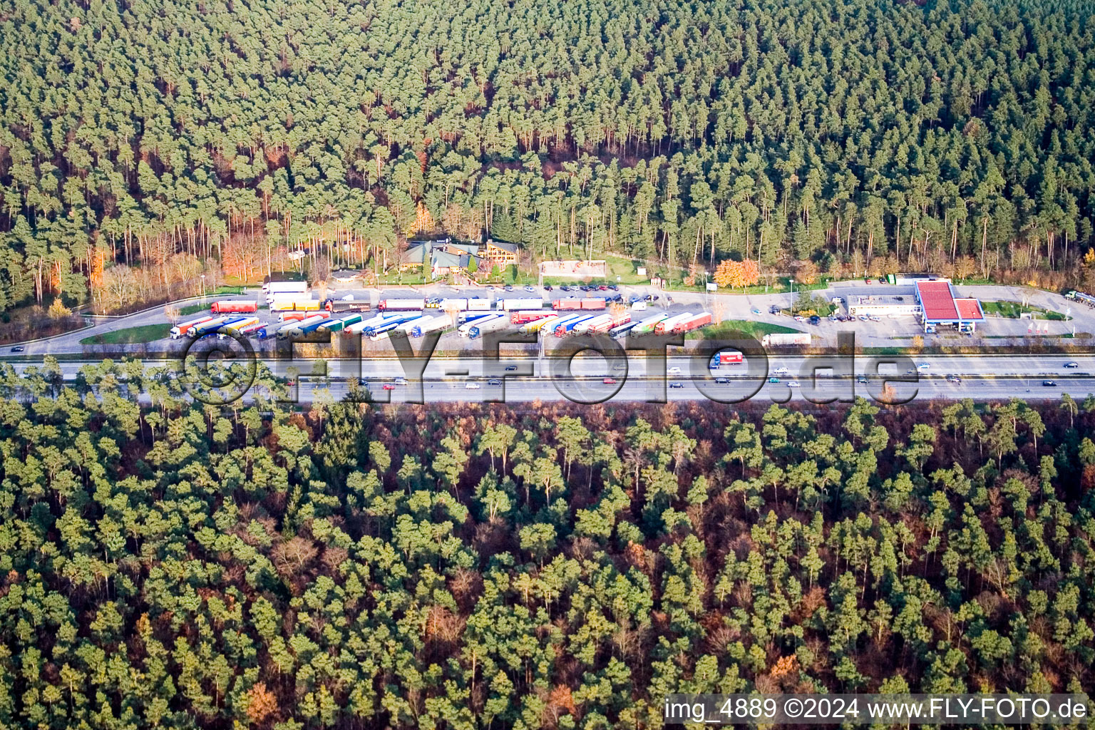 Aerial view of Motorway service station in Hockenheim in the state Baden-Wuerttemberg, Germany