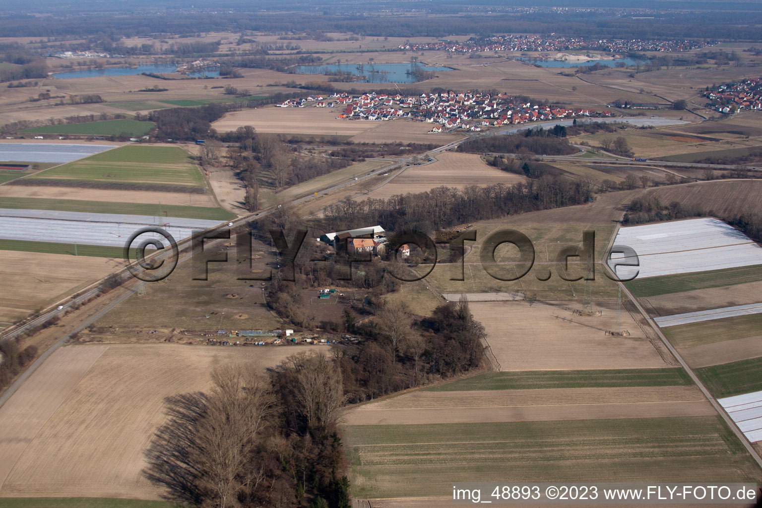 Aerial view of Wanzheim Mill in Rheinzabern in the state Rhineland-Palatinate, Germany